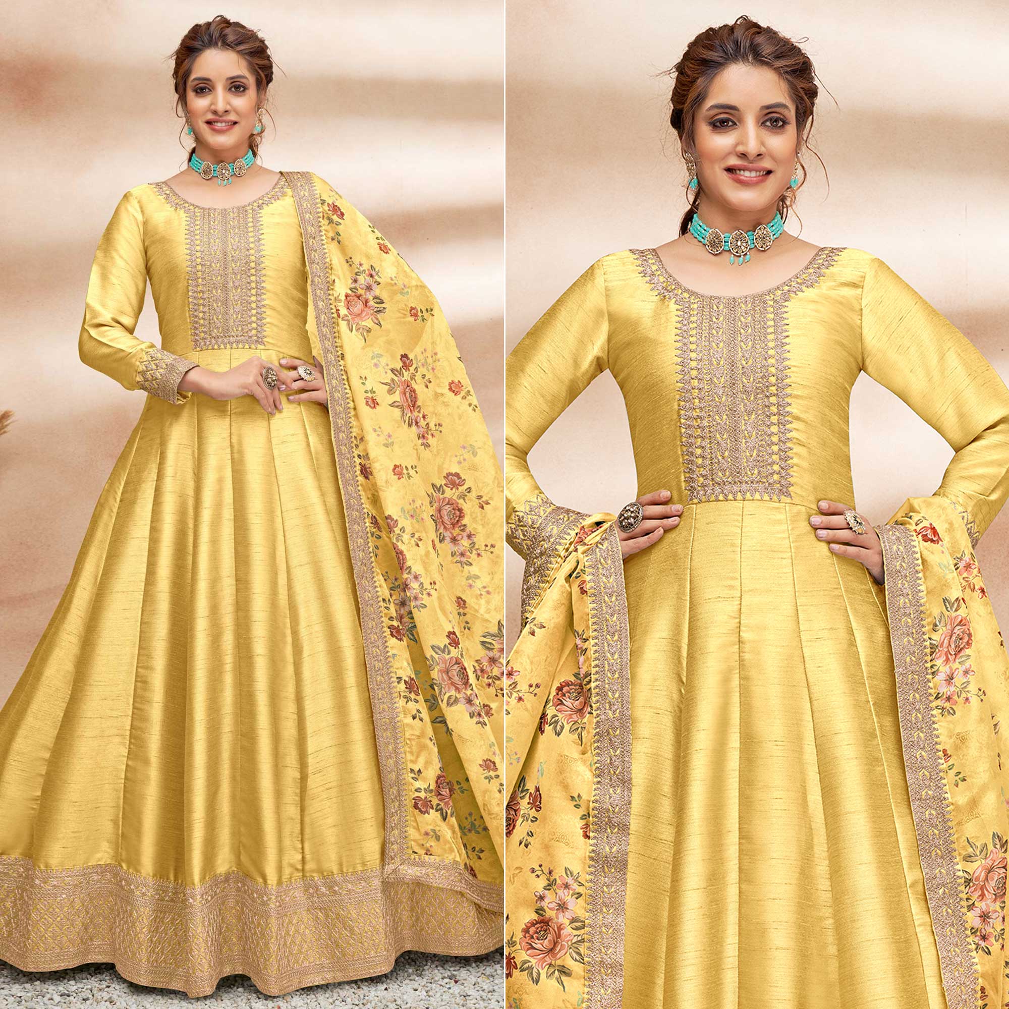 Yellow Embroidered Art Silk Semi Stitched Anarkali Suit