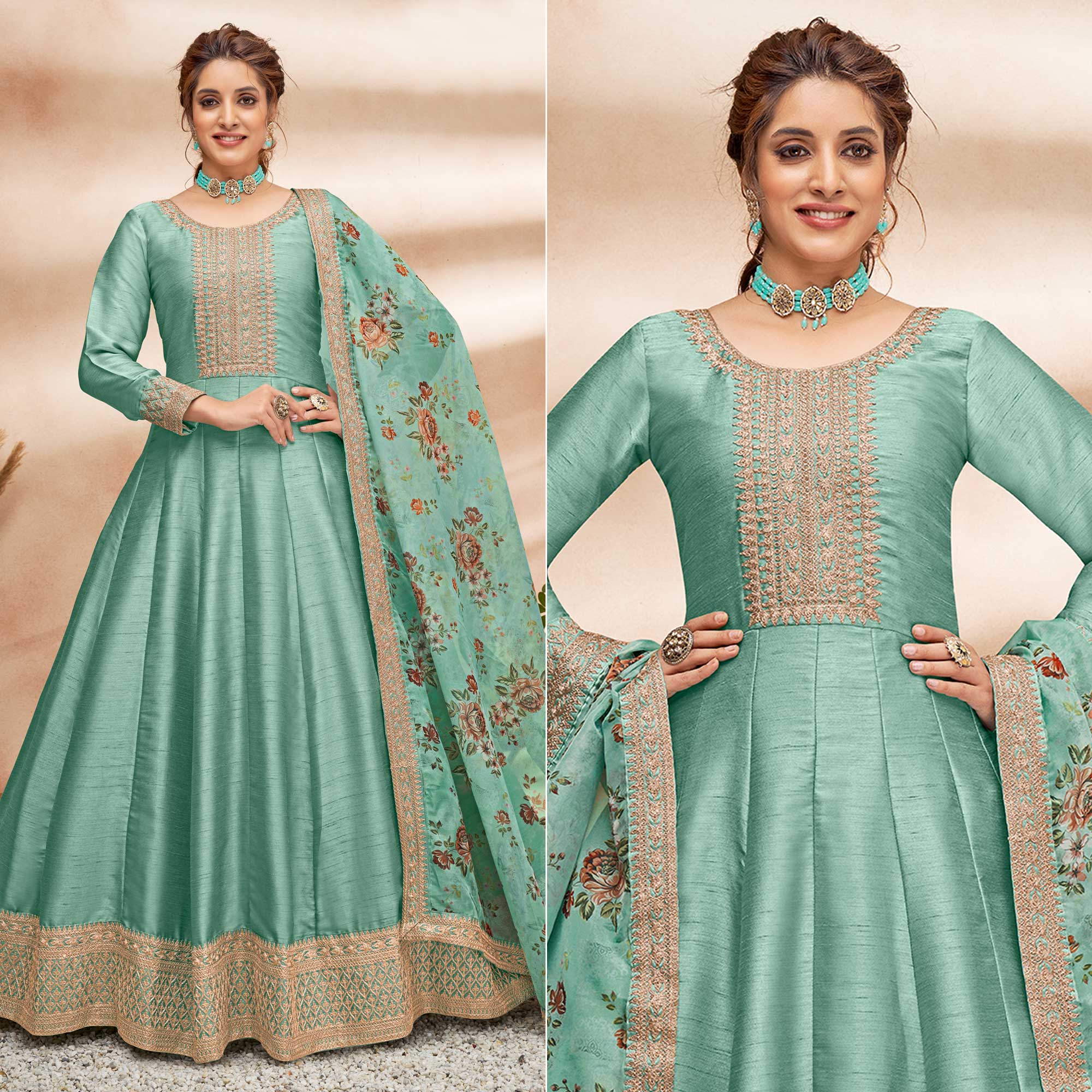 Turquoise  Embroidered Art Silk Semi Stitched Anarkali Suit