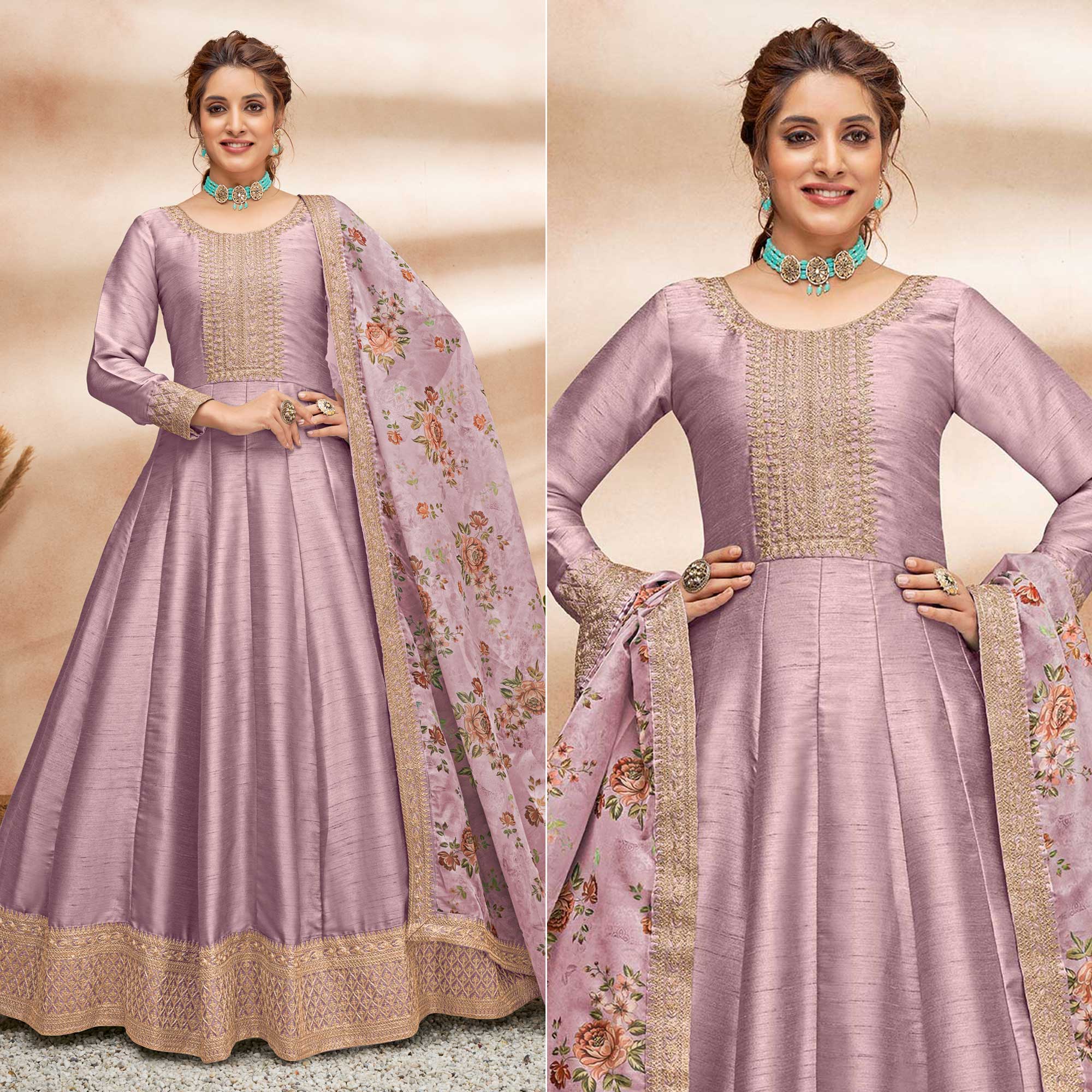 Mauve Embroidered Art Silk Semi Stitched Anarkali Suit