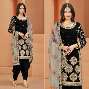 Black Floral Embroidered Art Silk Semi Stitched Patiala Suit