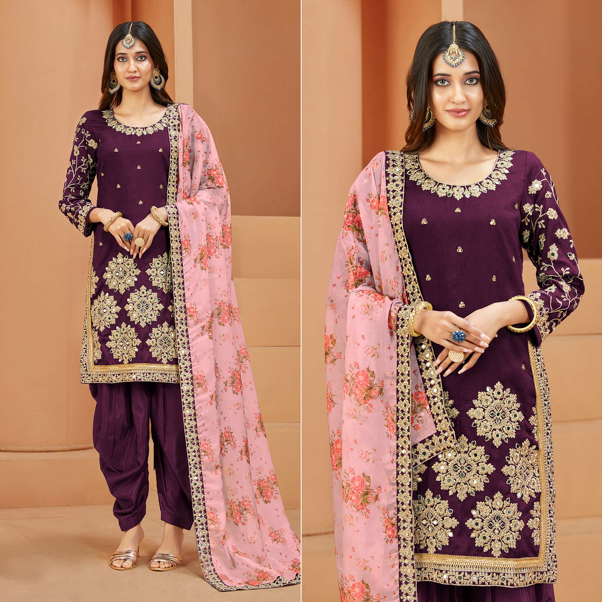 Purple Floral Embroidered Art Silk Semi Stitched Patiala Suit