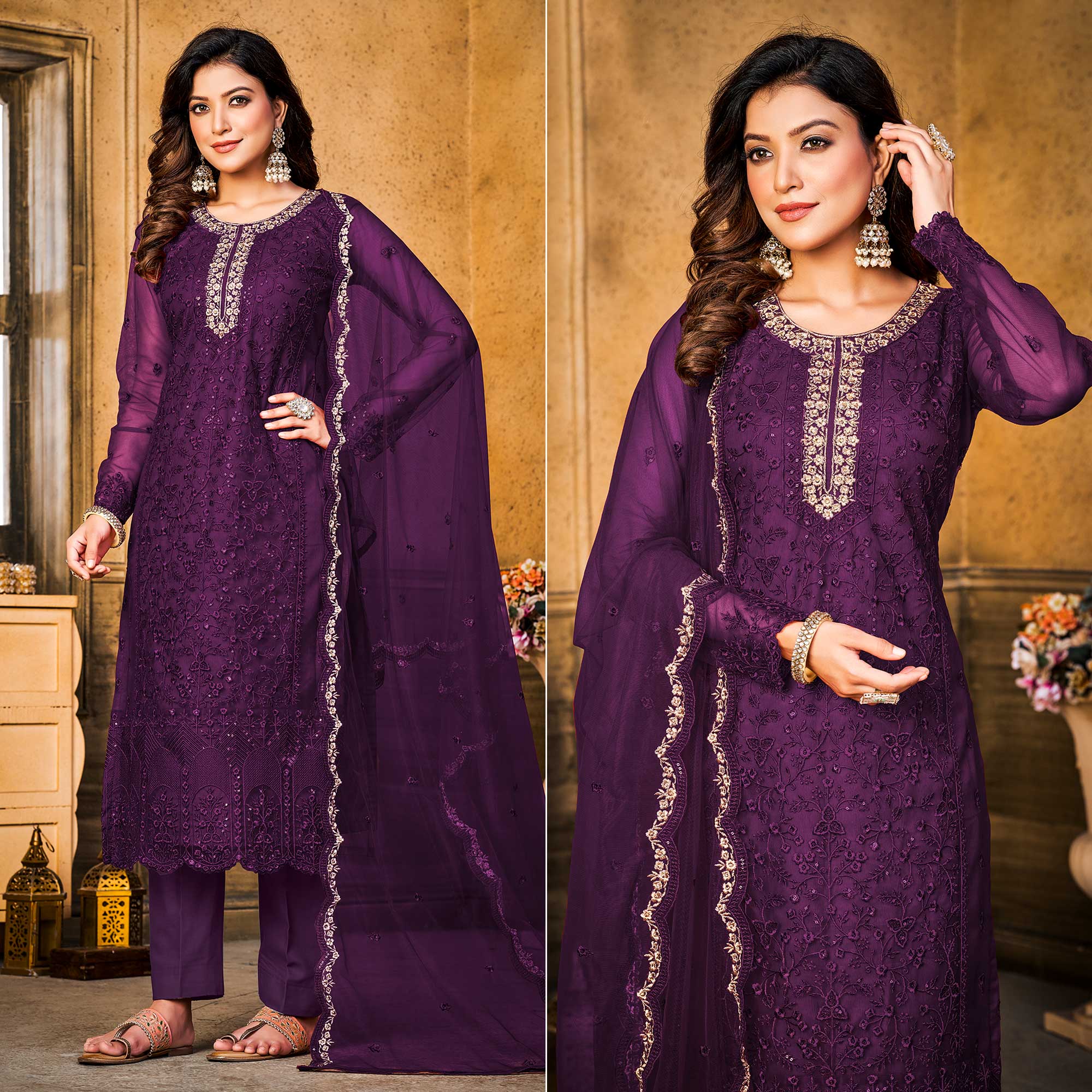 Purple Sequins Floral Embroidered Net Semi Stitched Suit