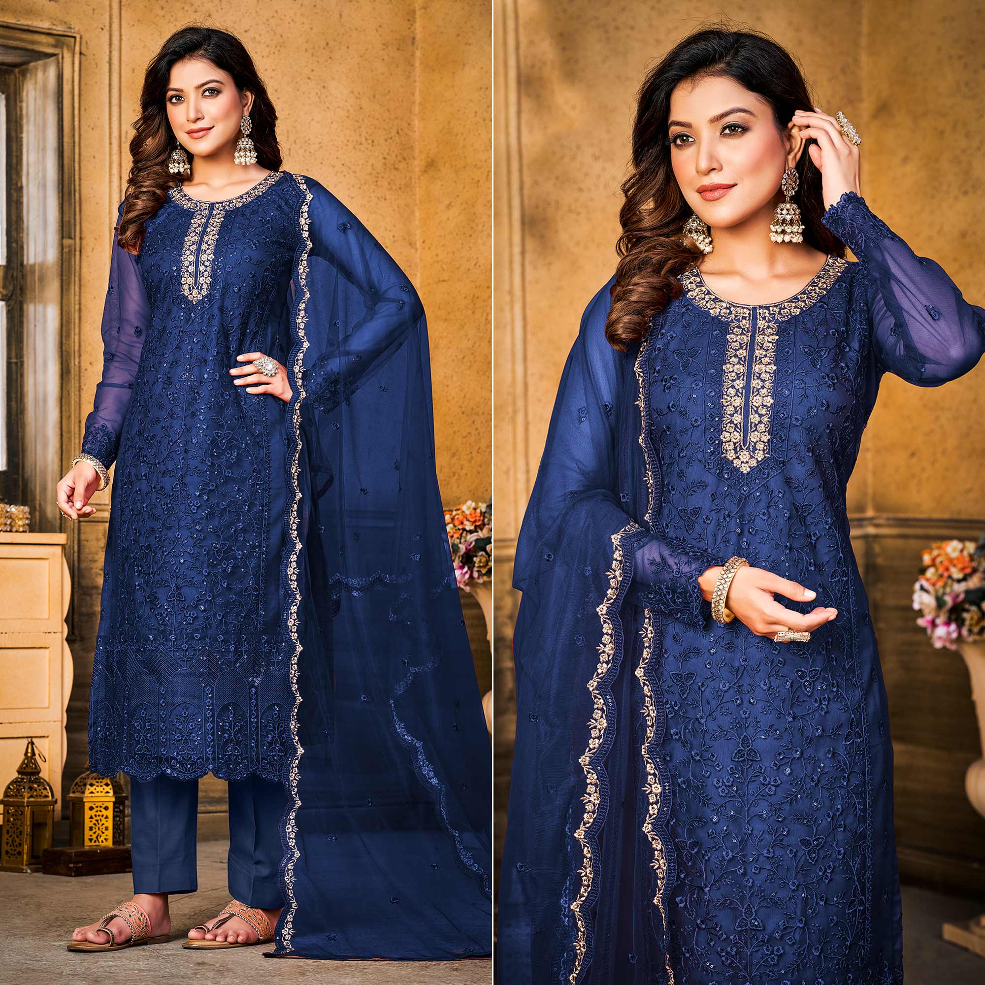 Blue Sequins Floral Embroidered Net Semi Stitched Suit