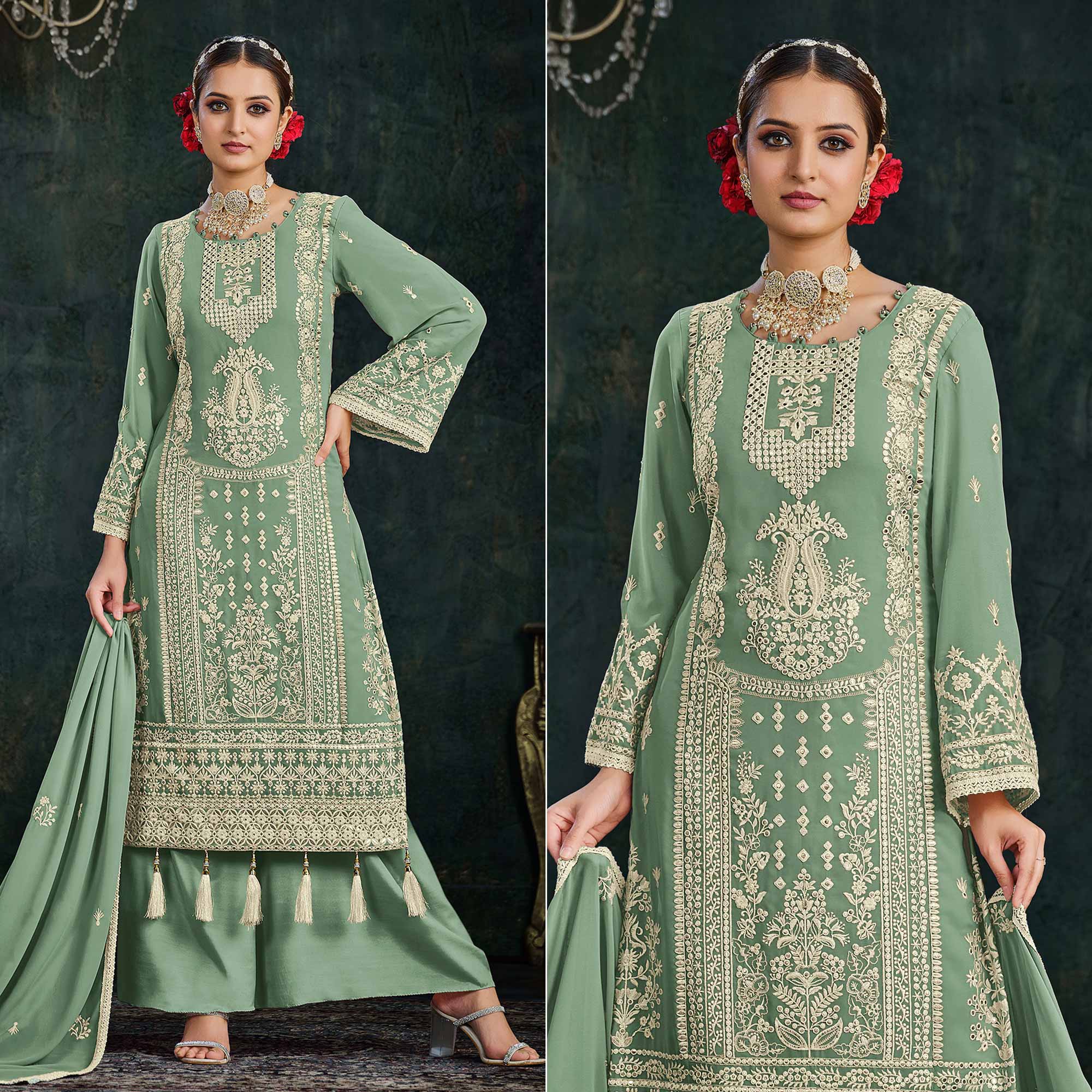 Green Floral Embroidered Georgette Semi Stitched Palazzo Suit