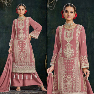 Pink Floral Embroidered Georgette Semi Stitched Palazzo Suit