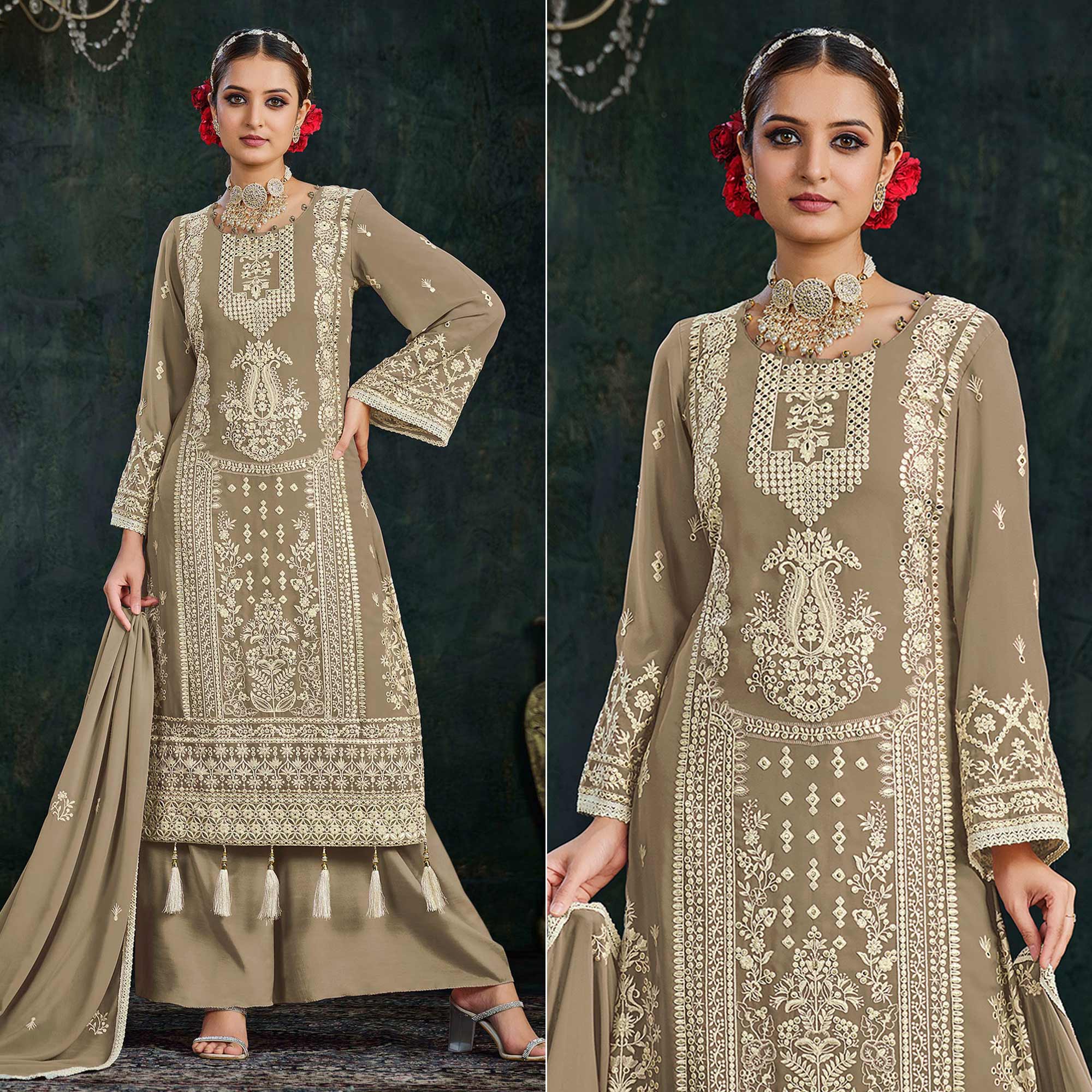 Brown Floral Embroidered Georgette Semi Stitched Palazzo Suit