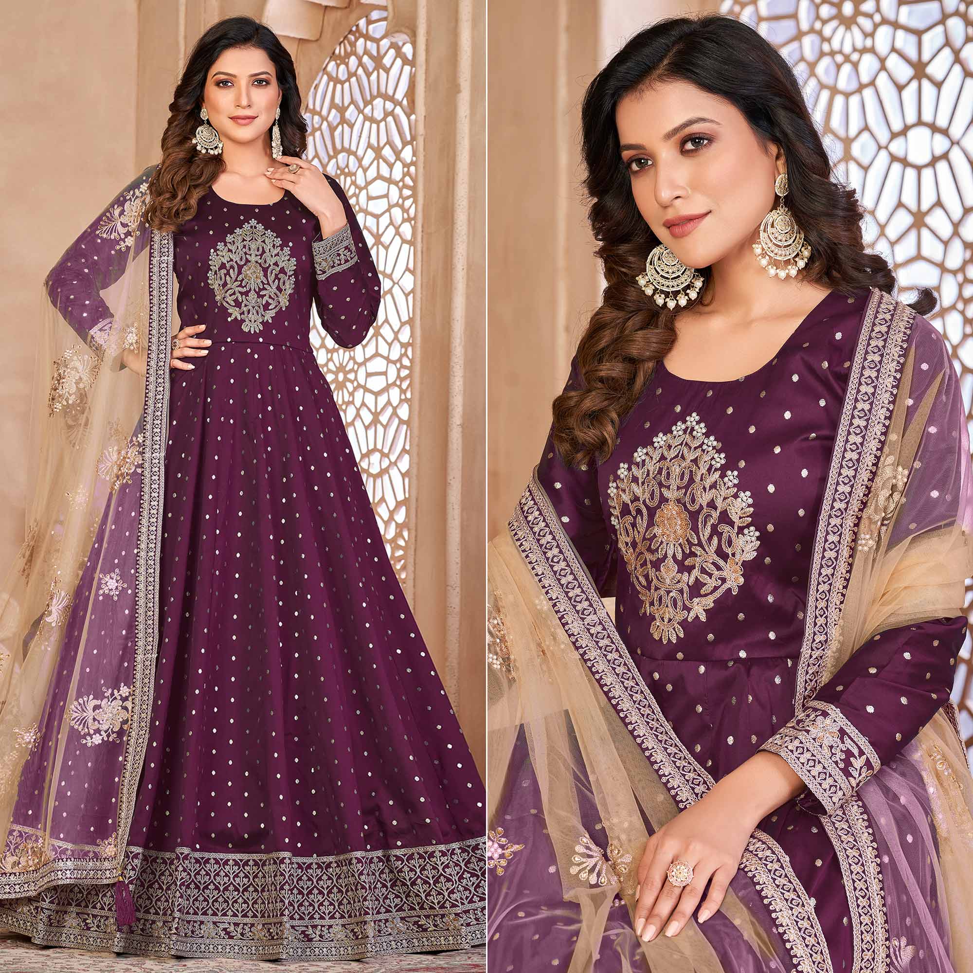 Purple Floral Embroidered Tapetta Silk Semi Stitched Anarkali Suit