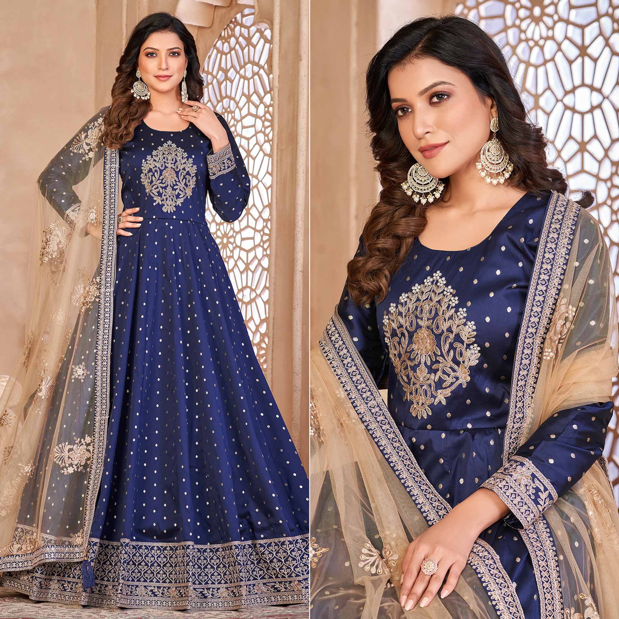 Blue Floral Embroidered Tapetta Silk Semi Stitched Anarkali Suit