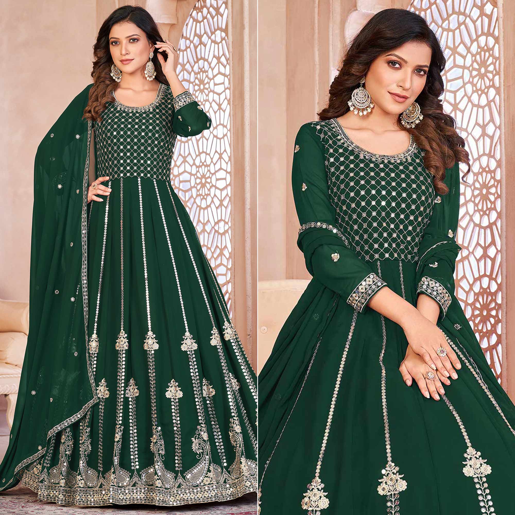 Green Floral Sequins Embroidered Georgette Semi Stitched Anarkali Suit