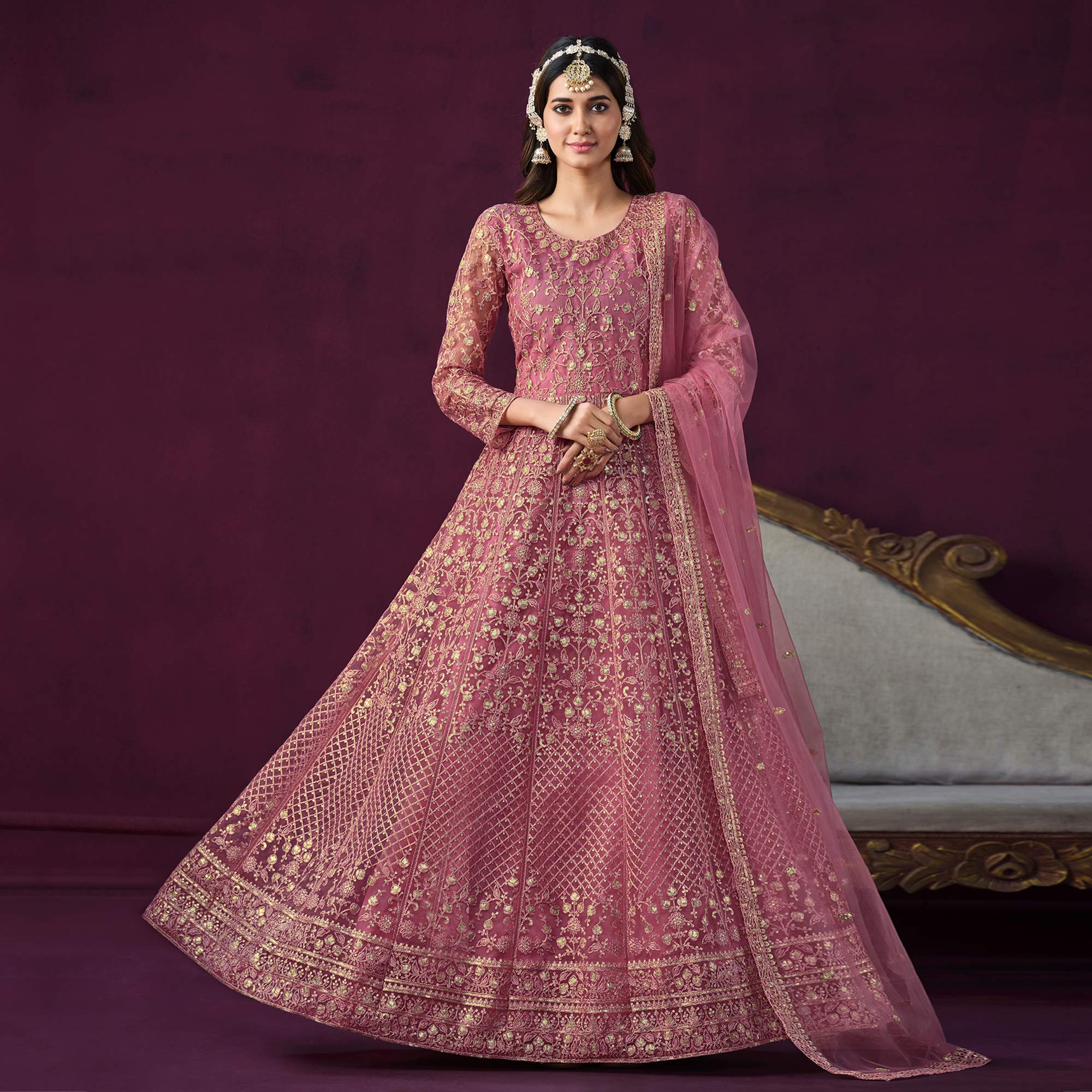 Pink Floral Embroidered Net Semi Stitched Anarkali Suit