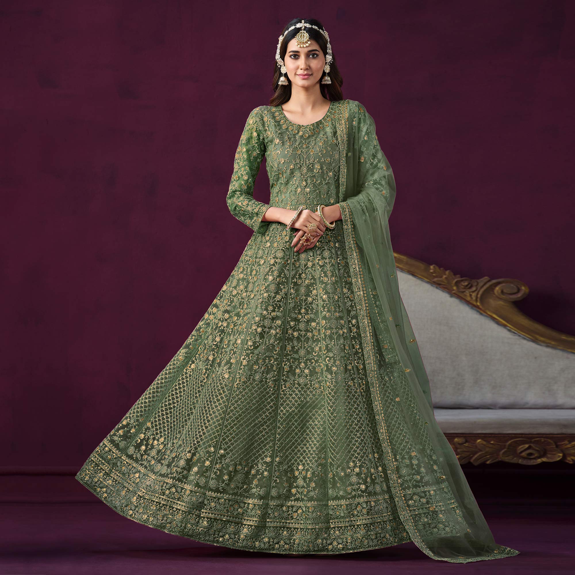 Green Floral Embroidered Net Semi Stitched Anarkali Suit