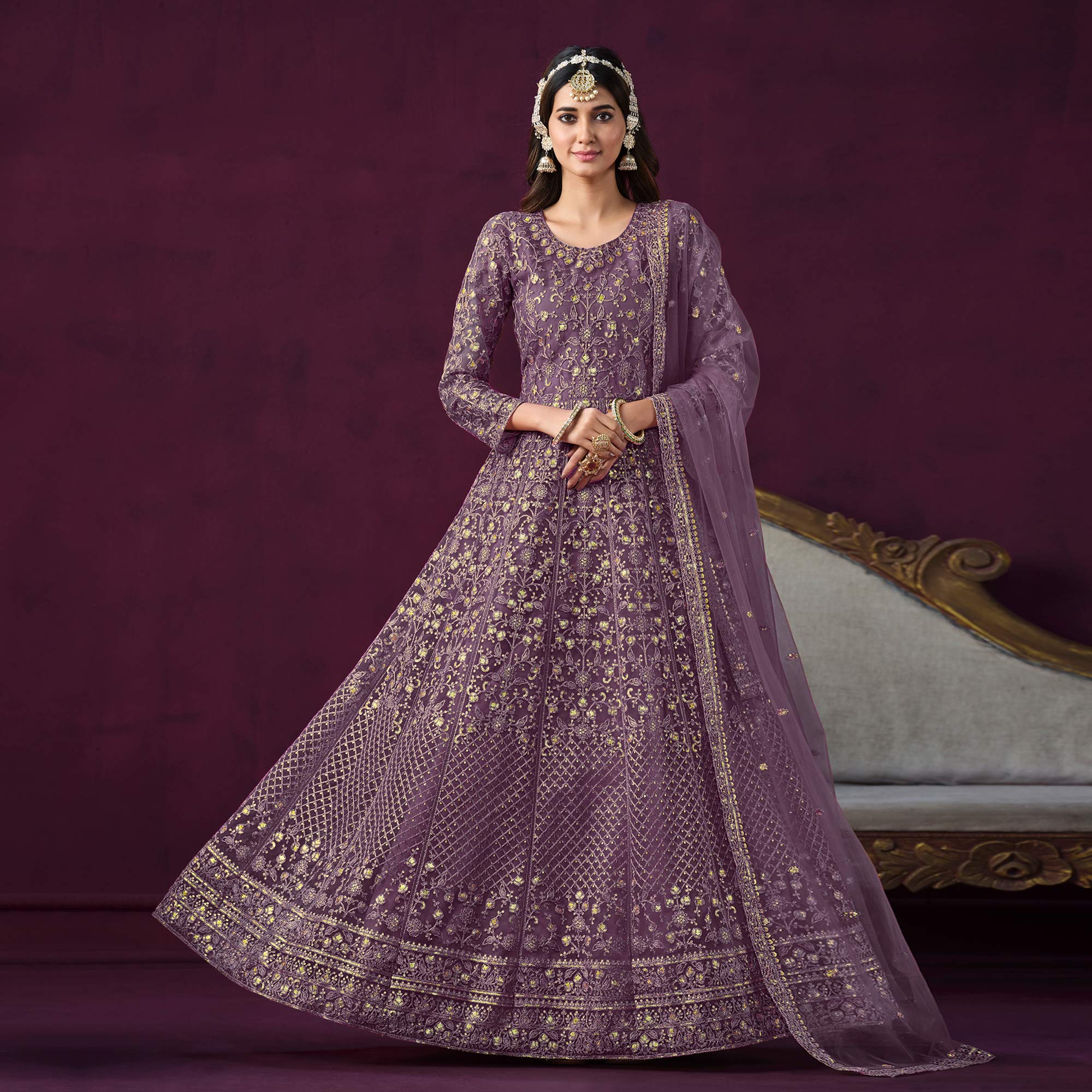 Purple Floral Embroidered Net Semi Stitched Anarkali Suit