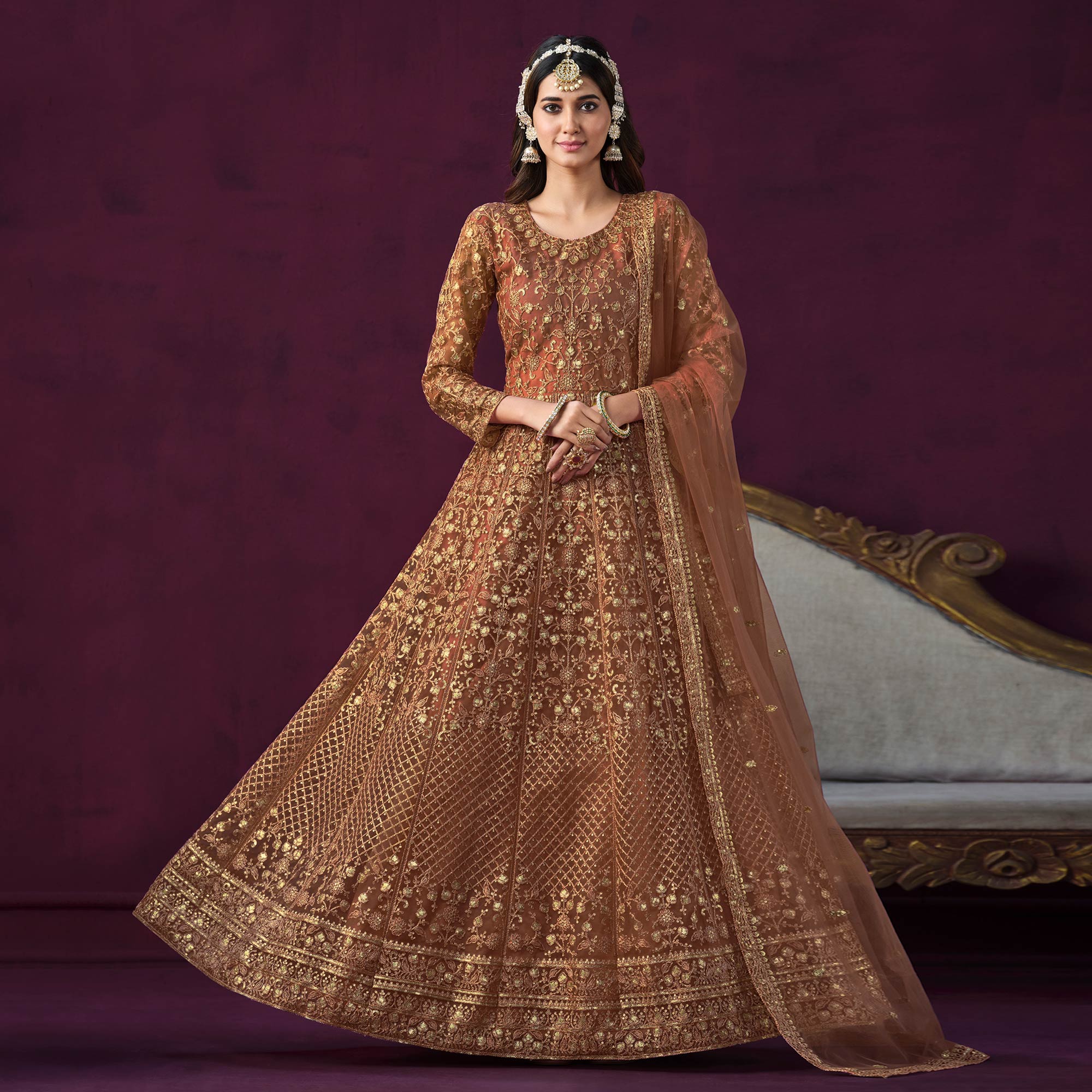 Rust Floral Embroidered Net Semi Stitched Anarkali Suit