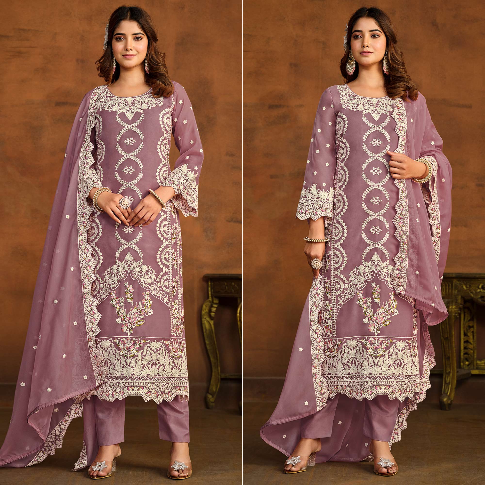 Mauve Floral Embroidered Soft Organza Semi Stithed Suit