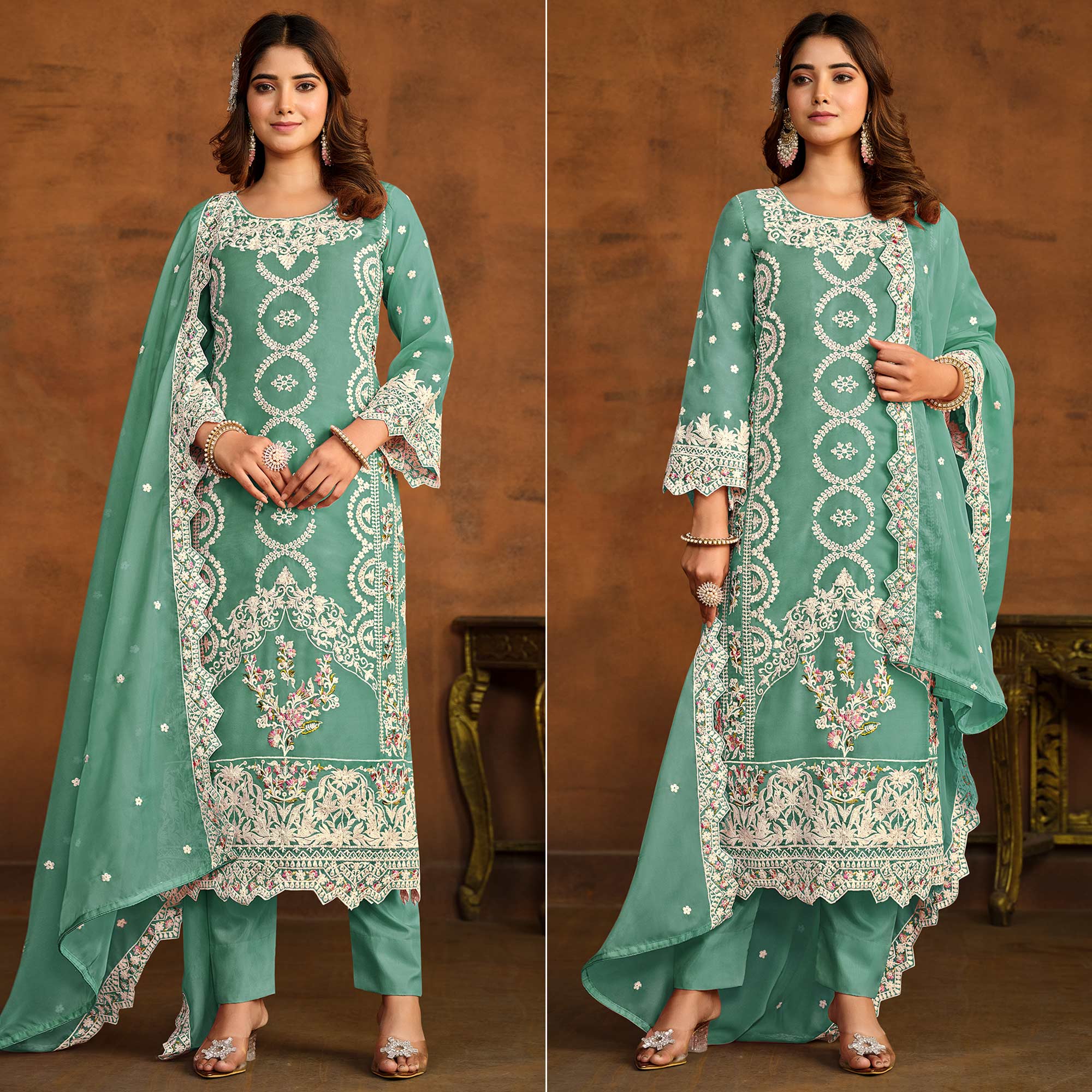 Sea Green Floral Embroidered Soft Organza Semi Stithed Suit