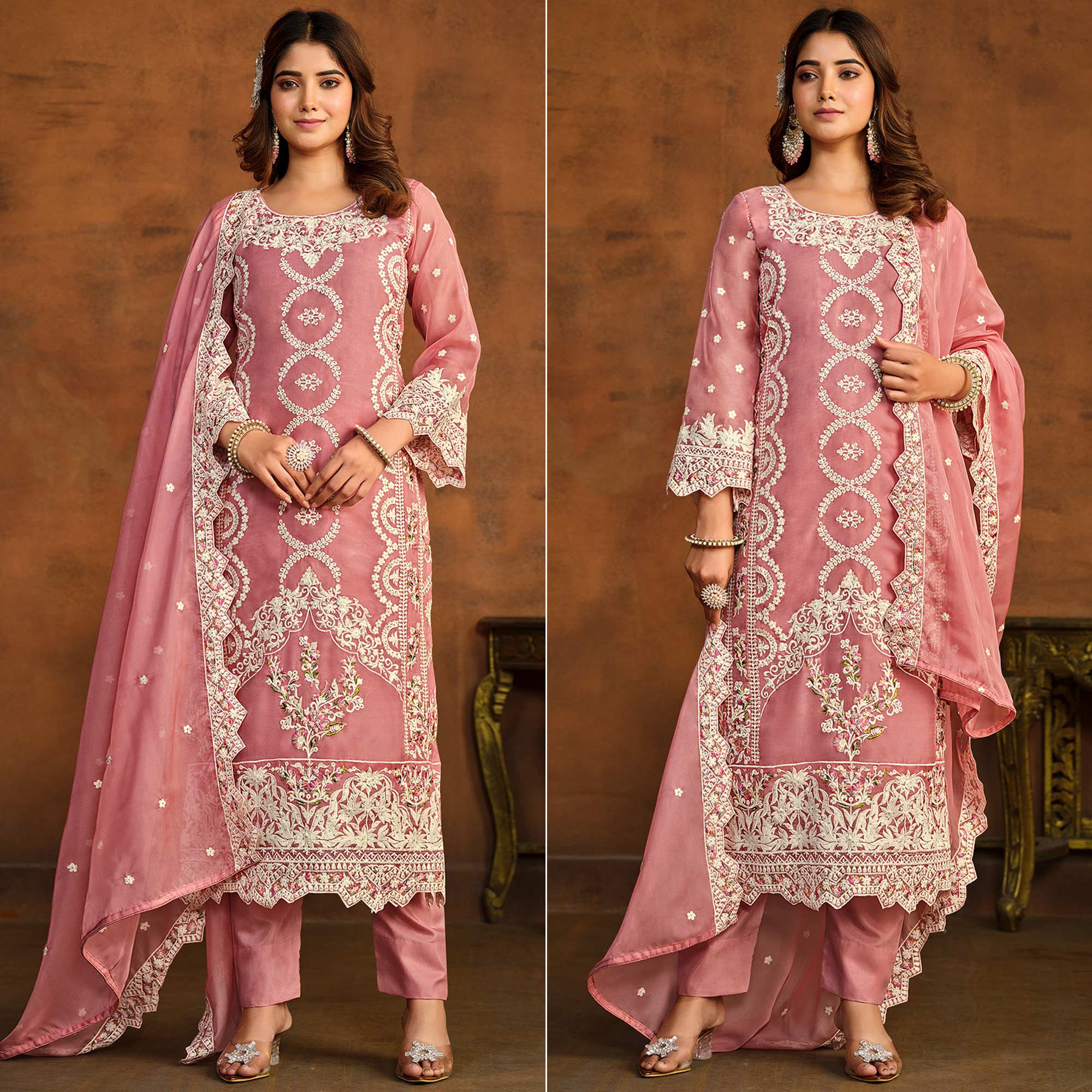 Pink Floral Embroidered Soft Organza Semi Stithed Suit