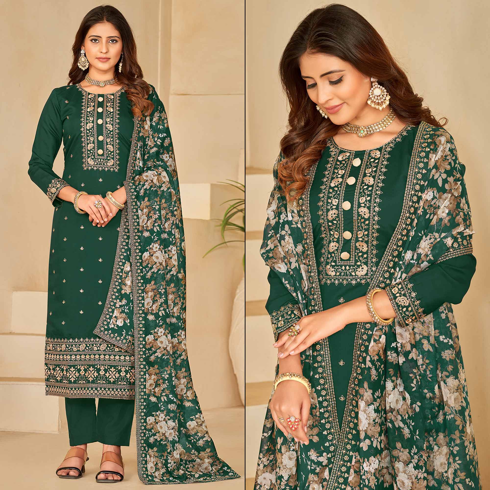 Green Embroidered Pure Silk Semi Stitched Suit