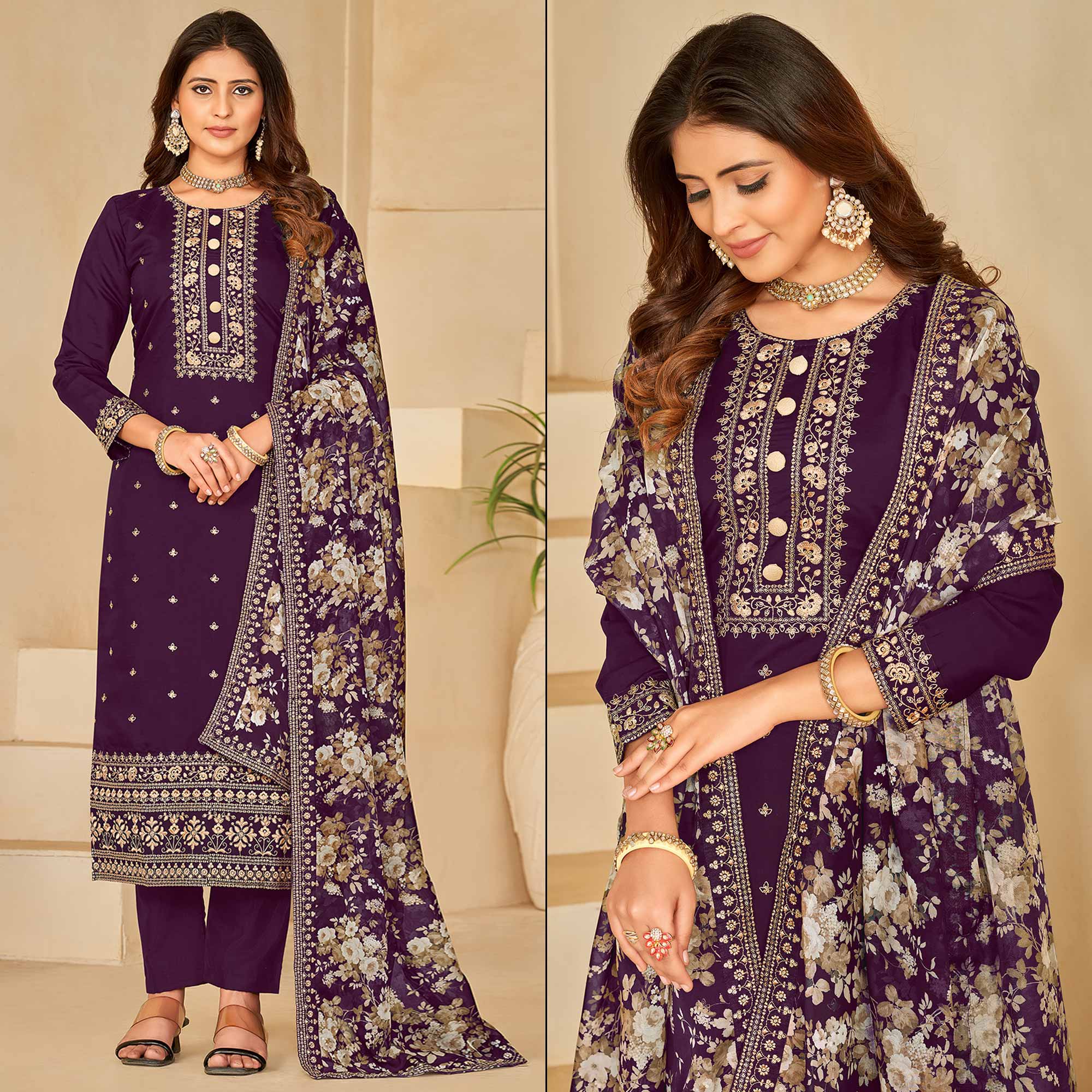 Purple Embroidered Pure Silk Semi Stitched Suit