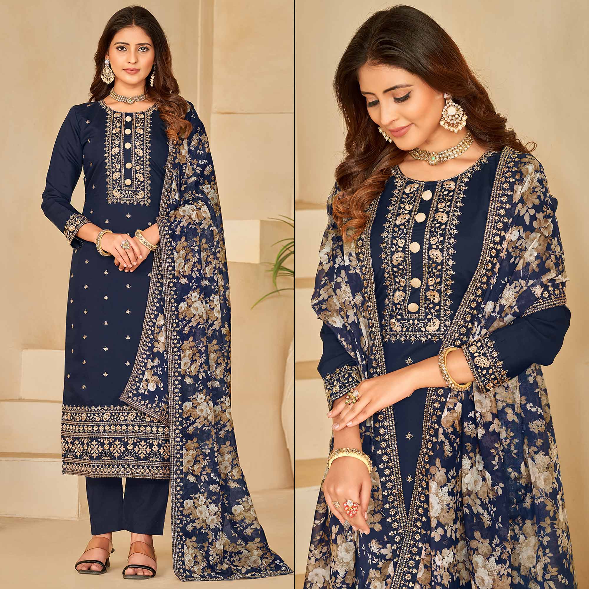 Blue Embroidered Pure Silk Semi Stitched Suit