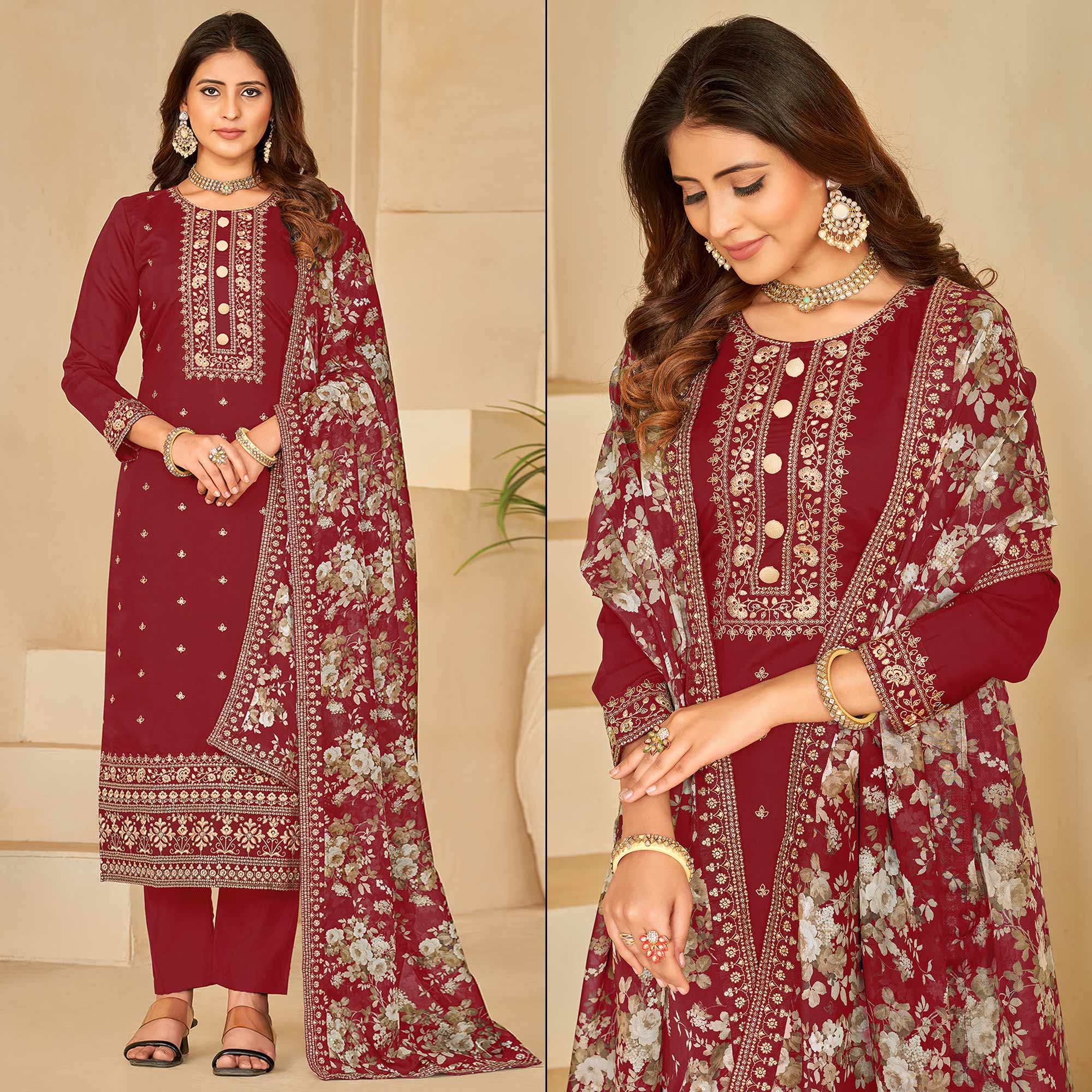 Maroon Embroidered Pure Silk Semi Stitched Suit