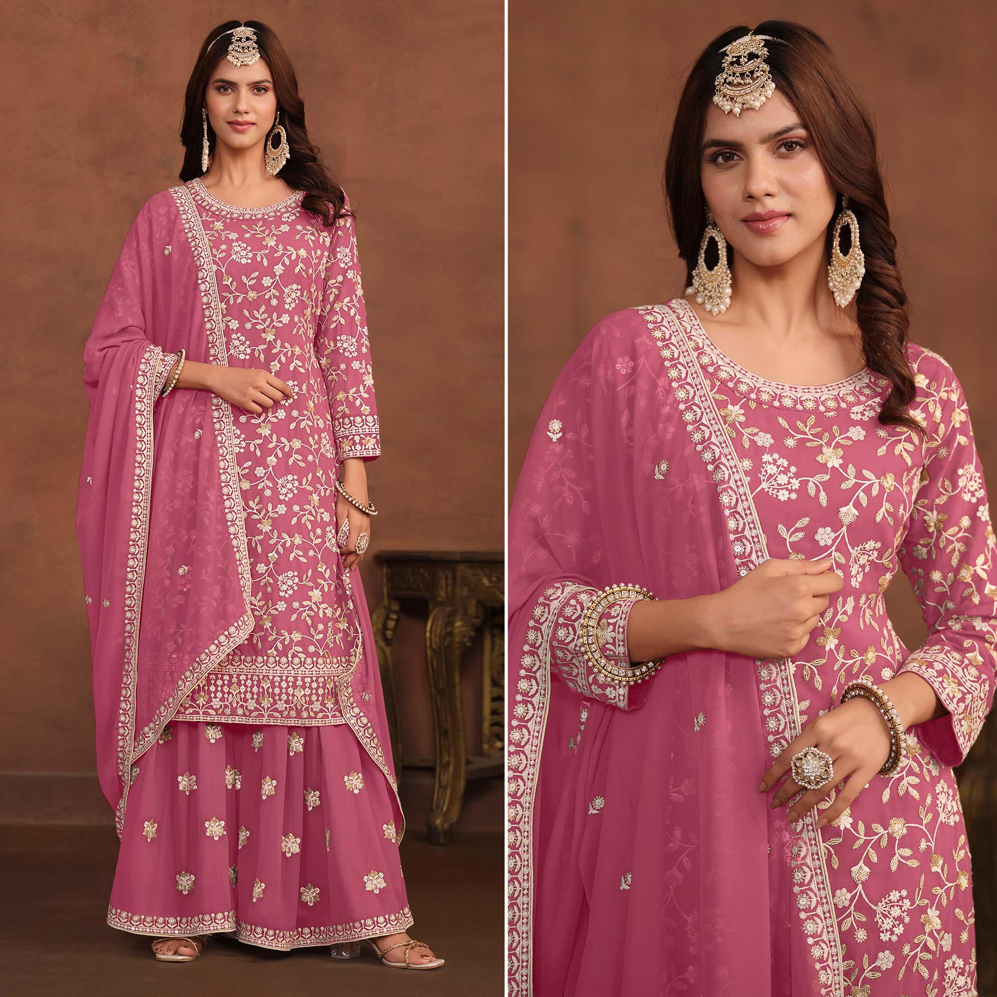 Pink Floral Embroidered Georgette Semi Stithed Suit