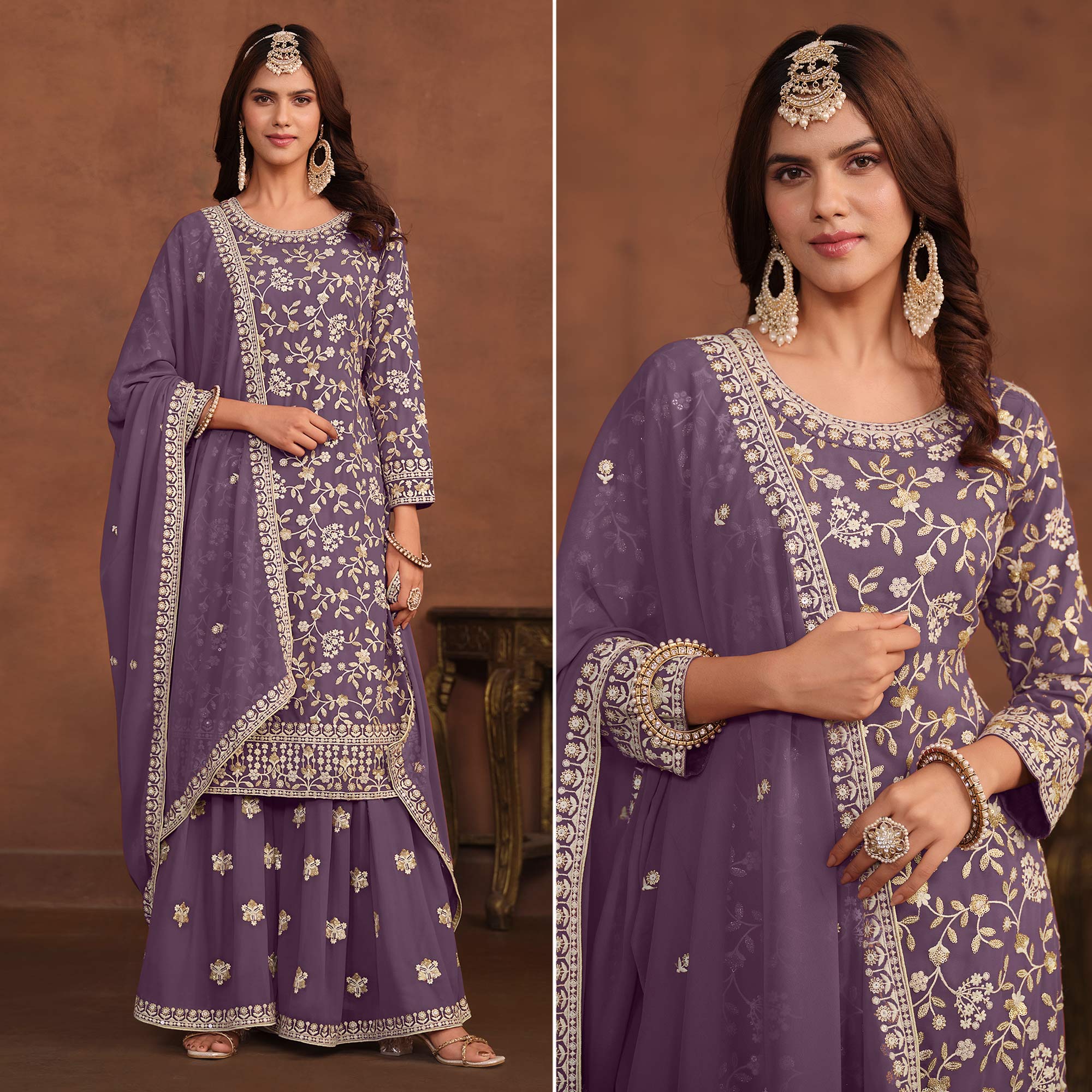 Purple Floral Embroidered Georgette Semi Stithed Suit