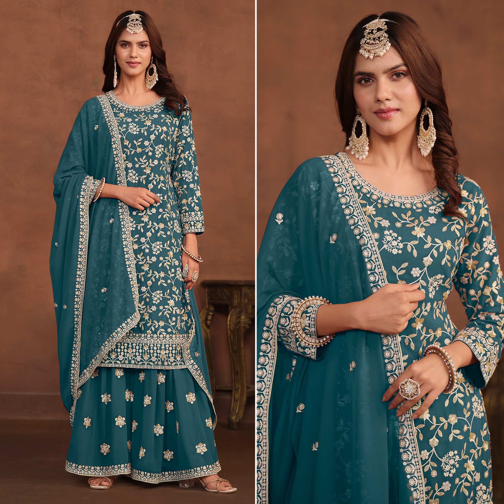 Teal Floral Embroidered Georgette Semi Stithed Suit