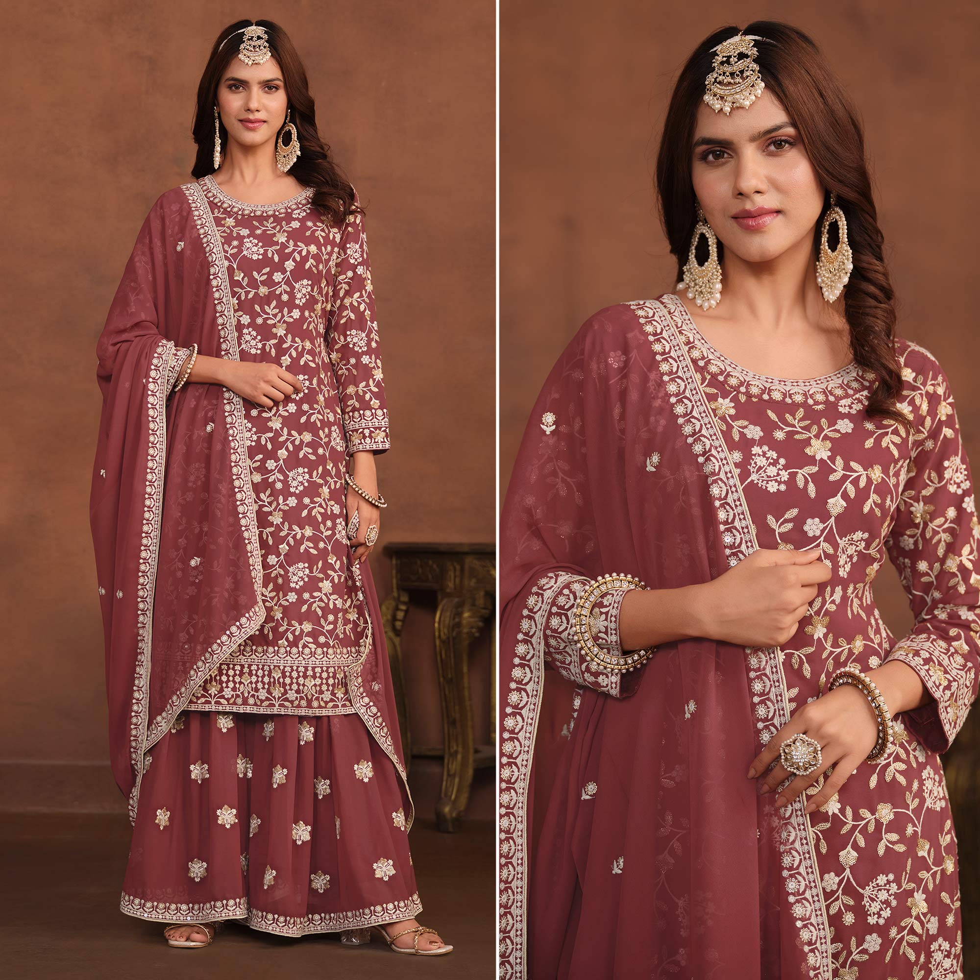 Burnt Red Floral Embroidered Georgette Semi Stithed Suit