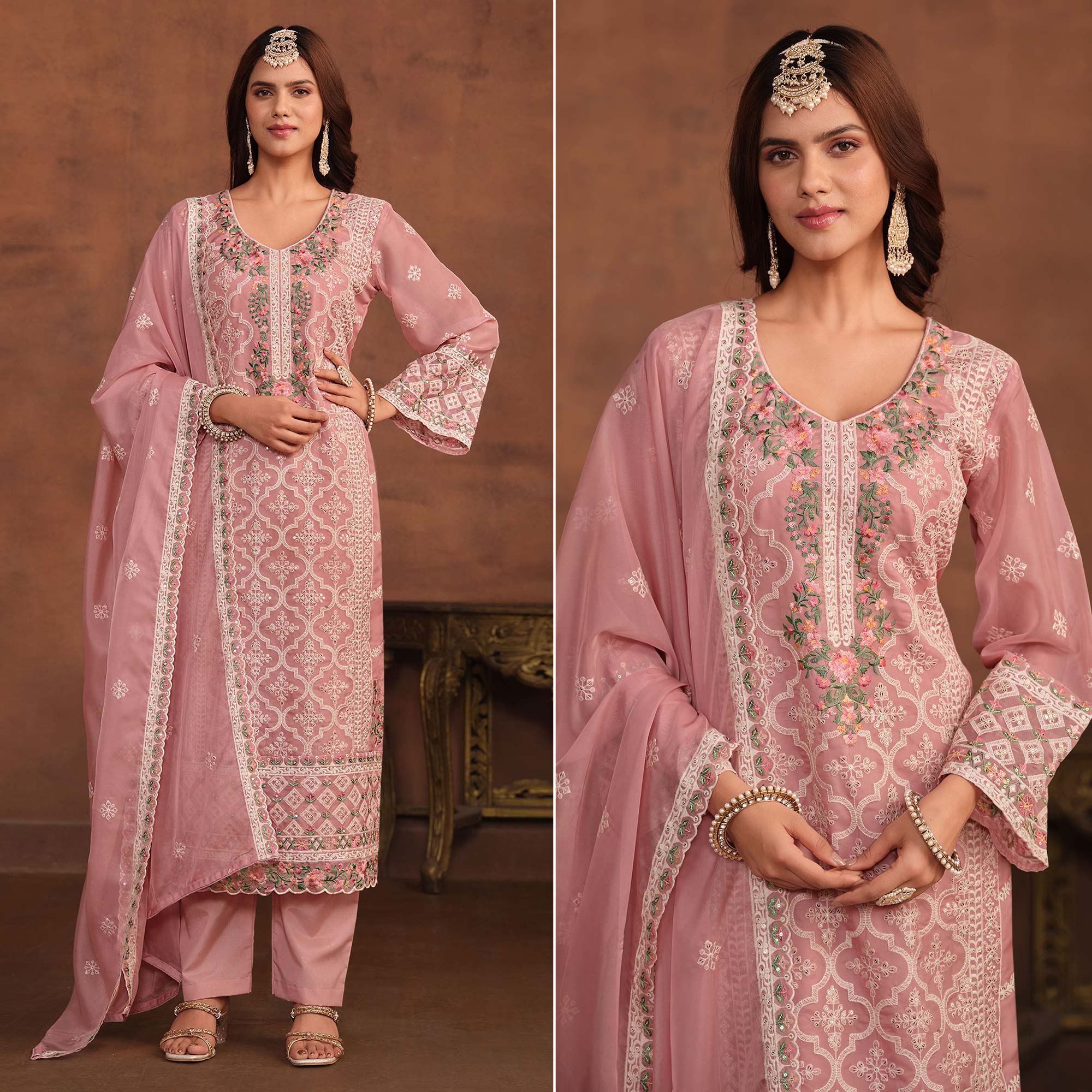 Pink Floral Embroidered Organza Semi Stitched Suit