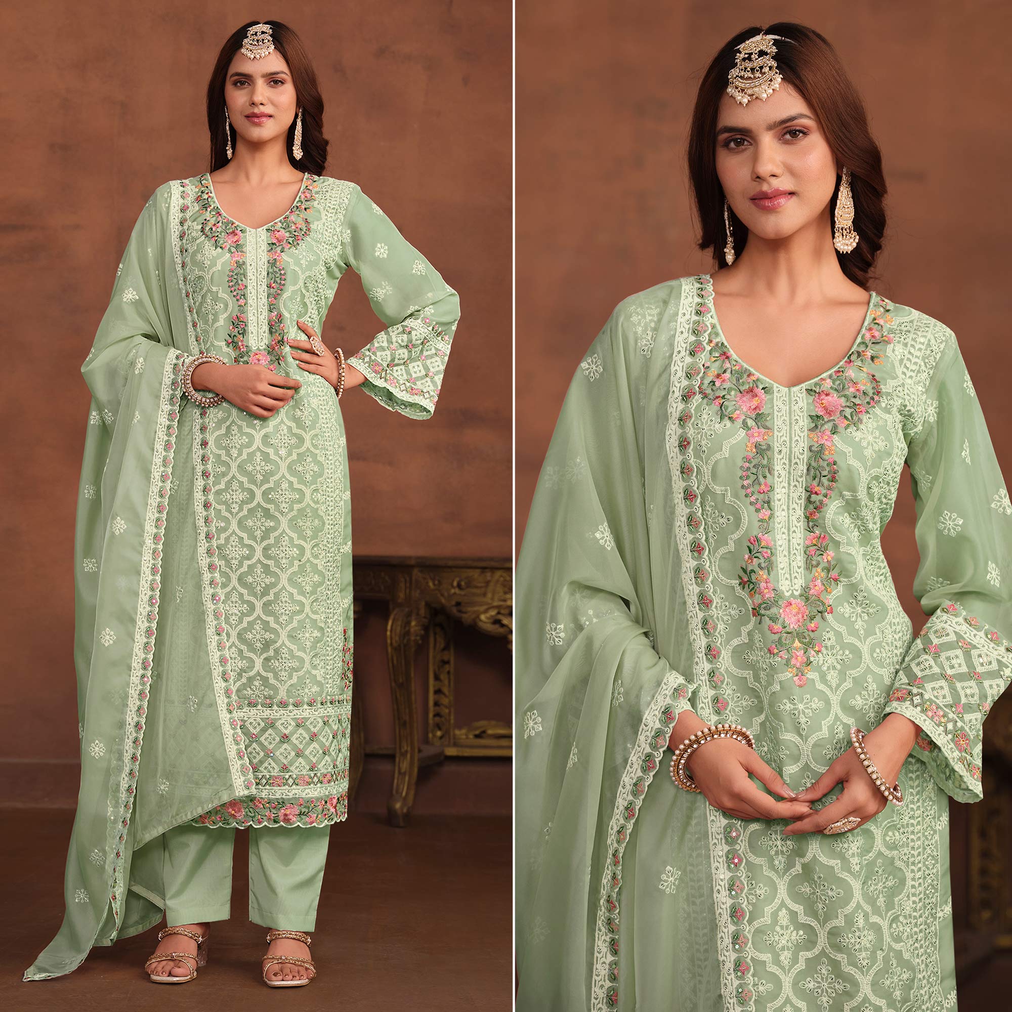 Green Floral Embroidered Organza Semi Stitched Suit