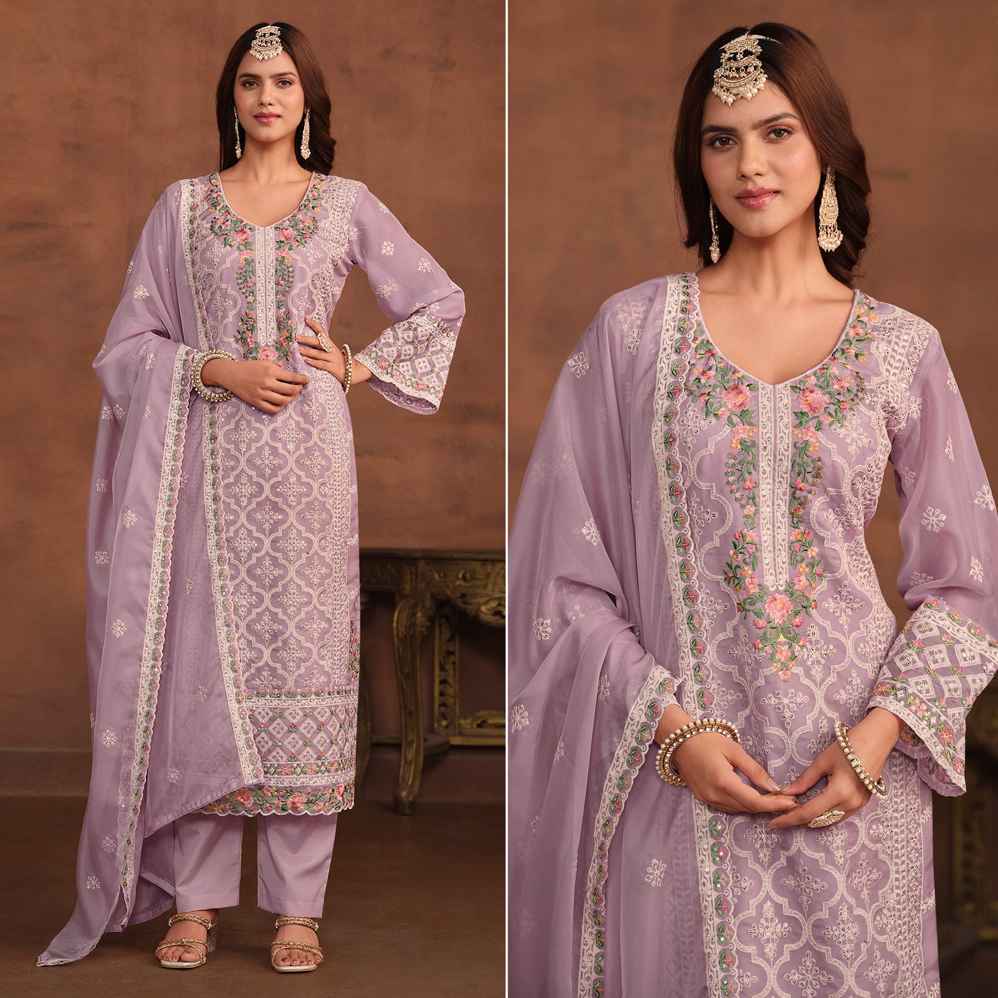 Purple Floral Embroidered Organza Semi Stitched Suit