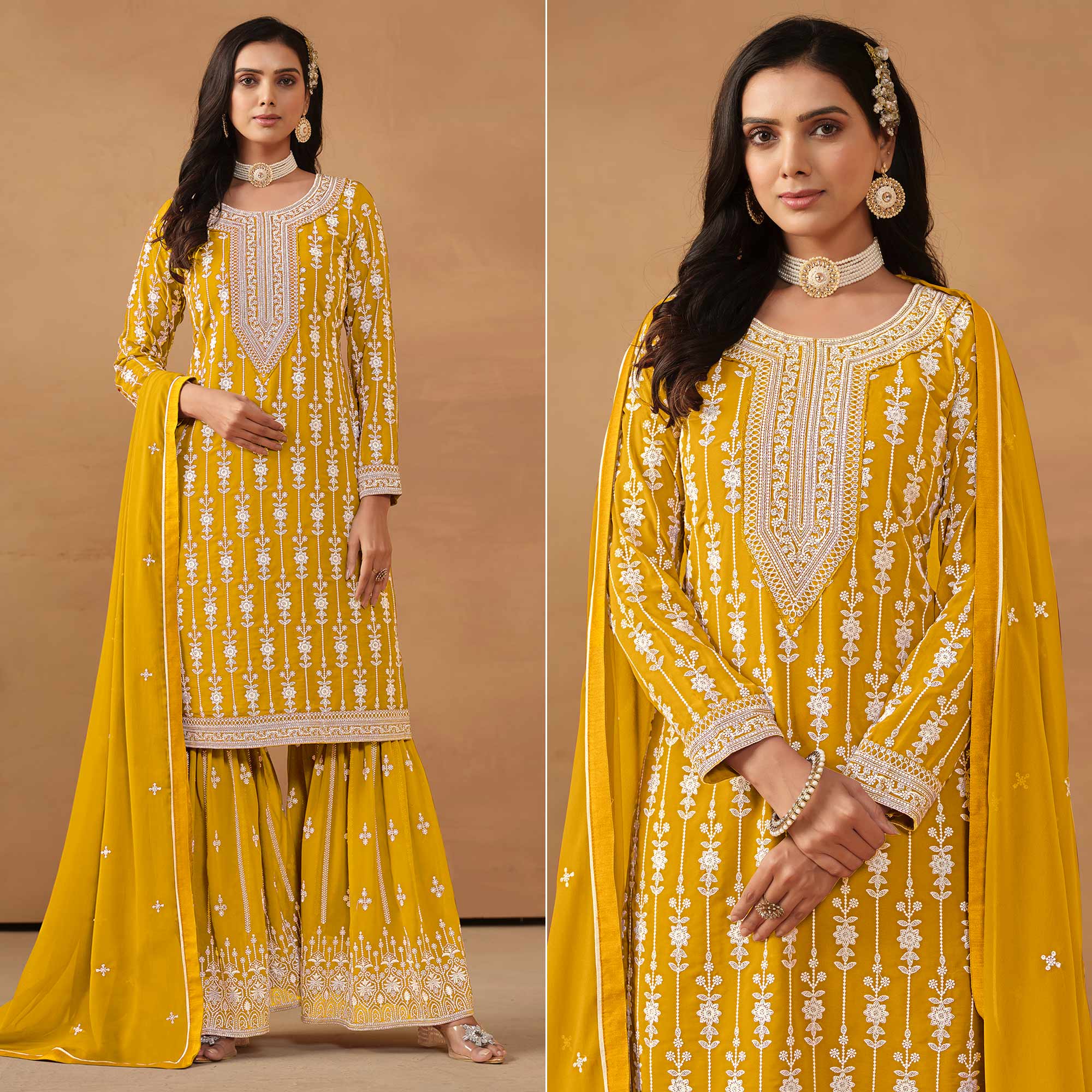 Yellow Floral Embroidered Georgette Semi Stithed Sharara Suit