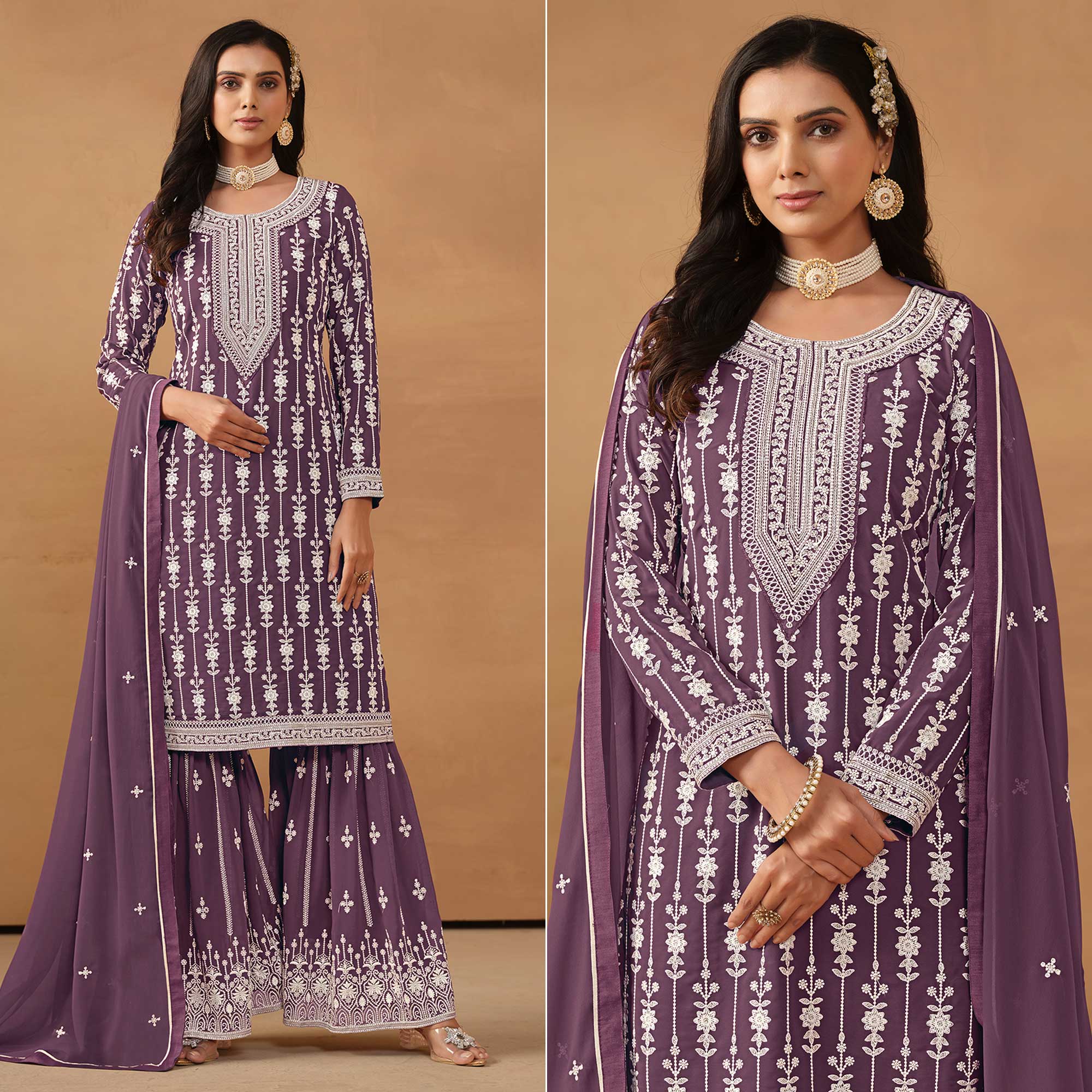 Purple Floral Embroidered Georgette Semi Stithed Sharara Suit