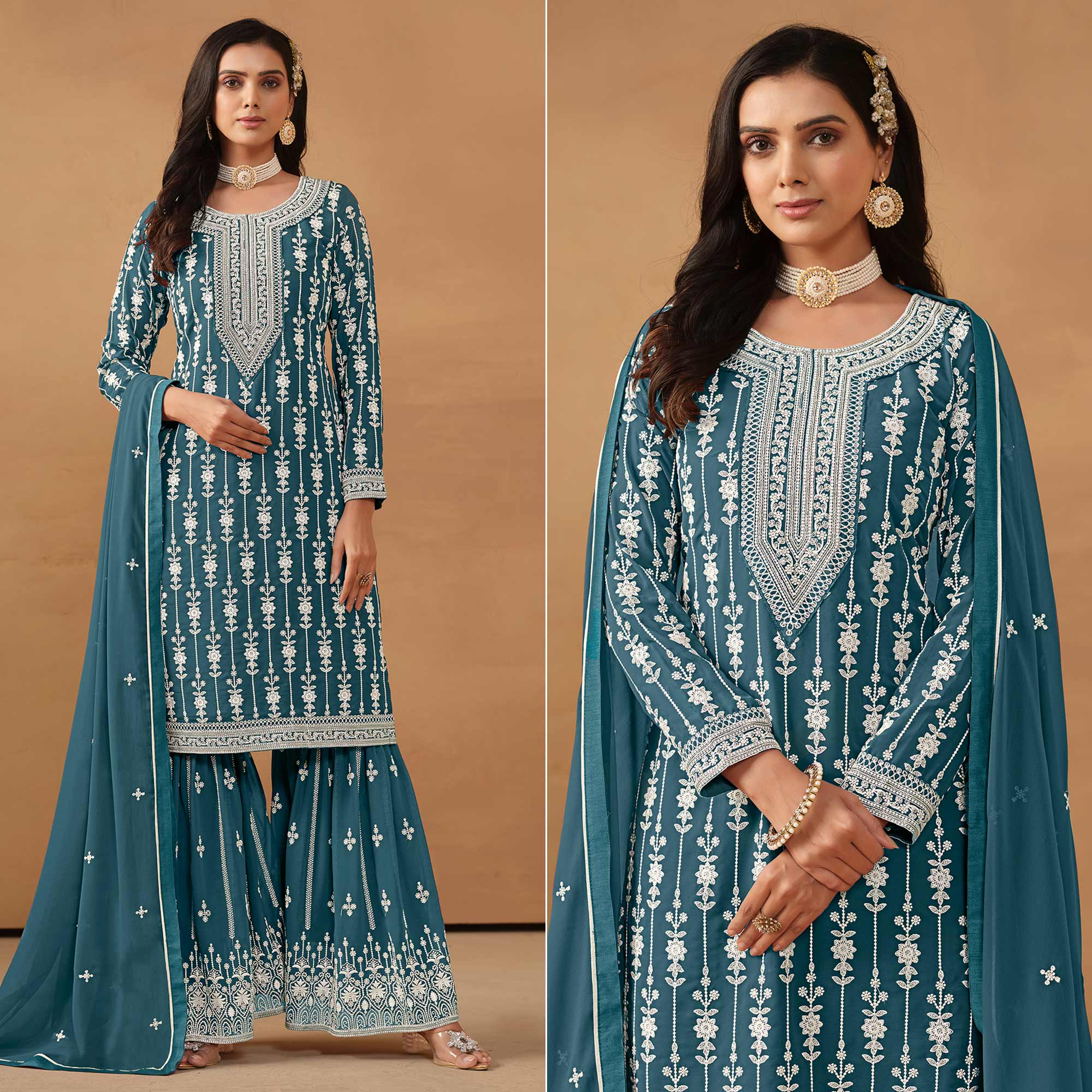 Dusty Turquoise Floral Embroidered Georgette Semi Stithed Sharara Suit