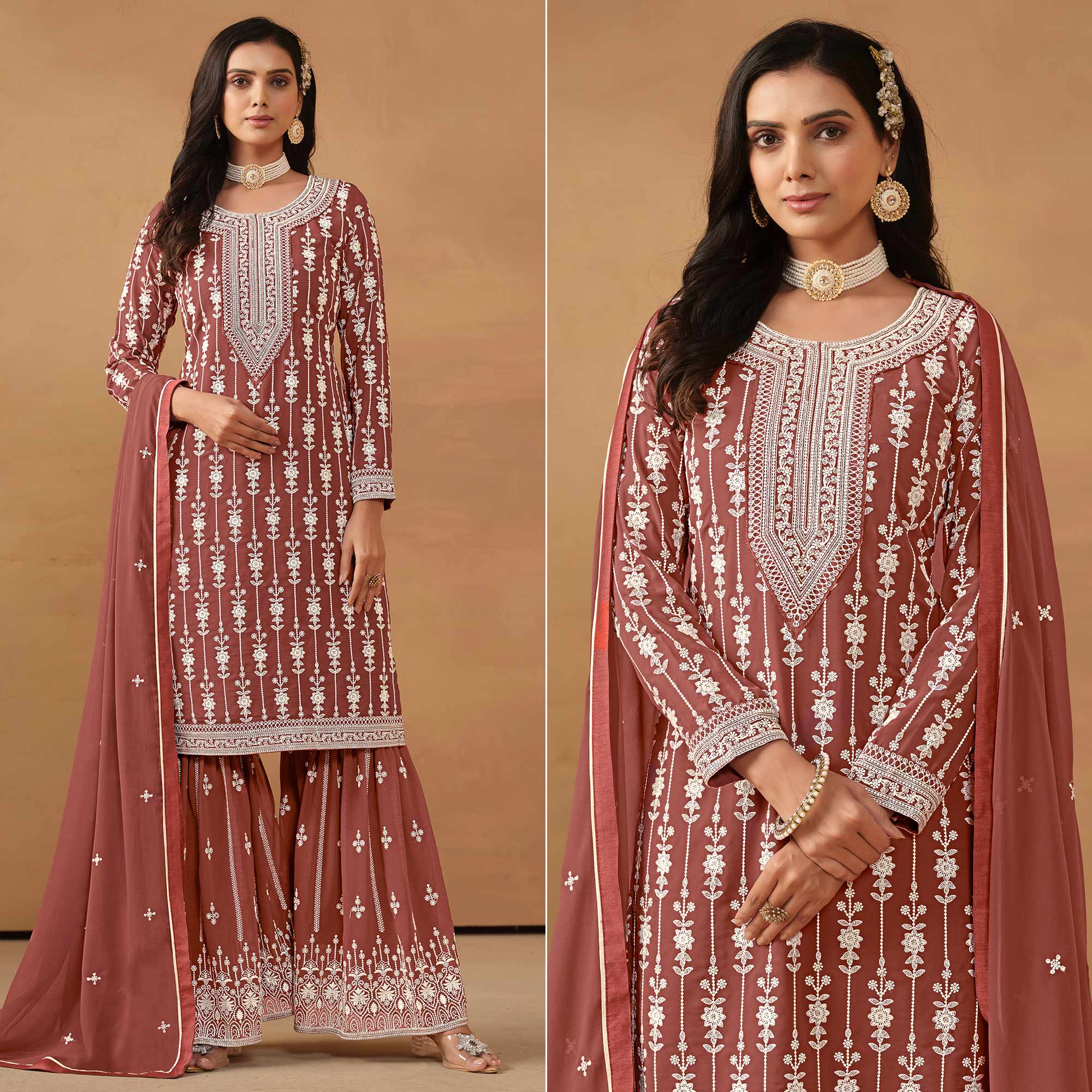 Rust Floral Embroidered Georgette Semi Stithed Sharara Suit