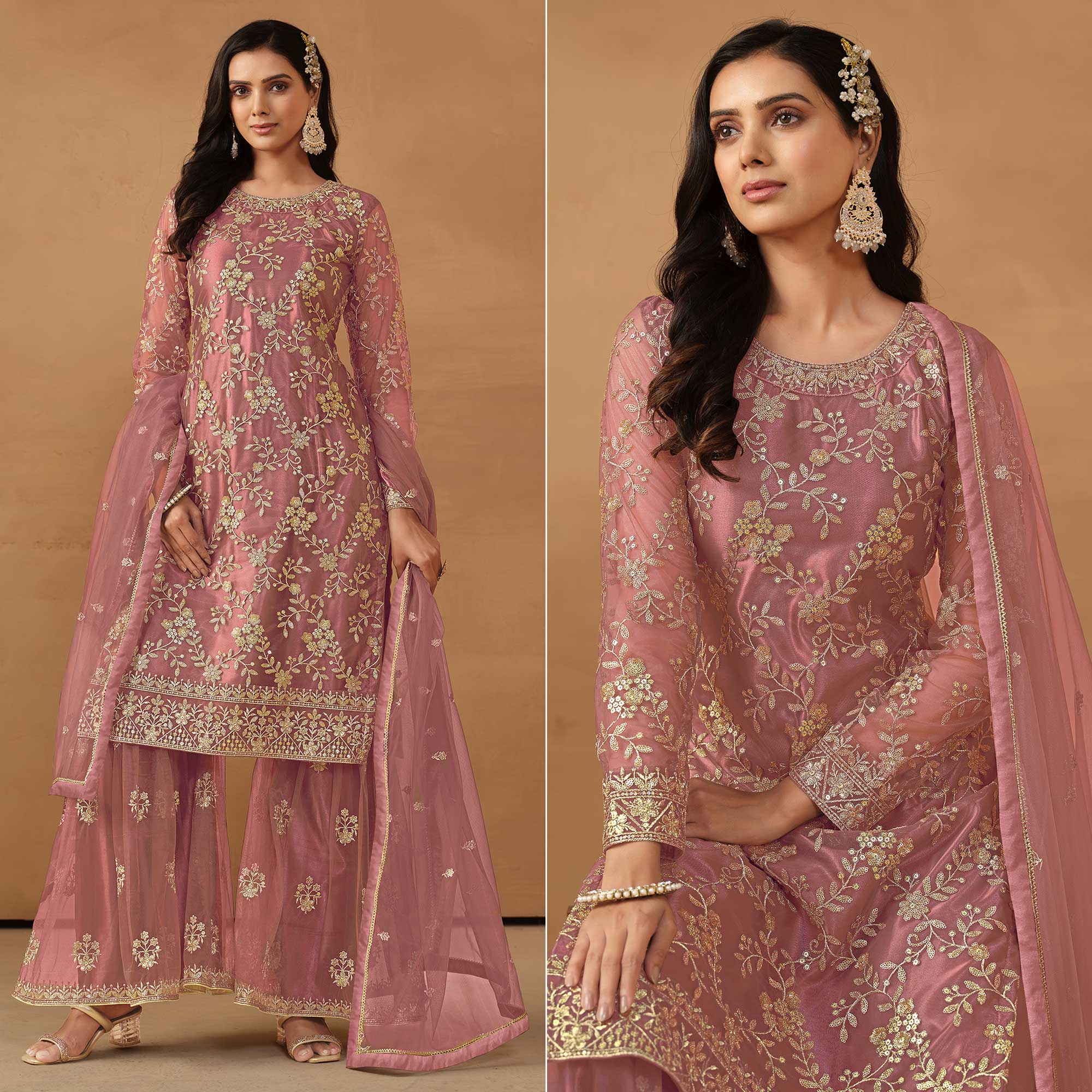 Pink Floral Embroidered Net Semi Stitched Sharara Suit