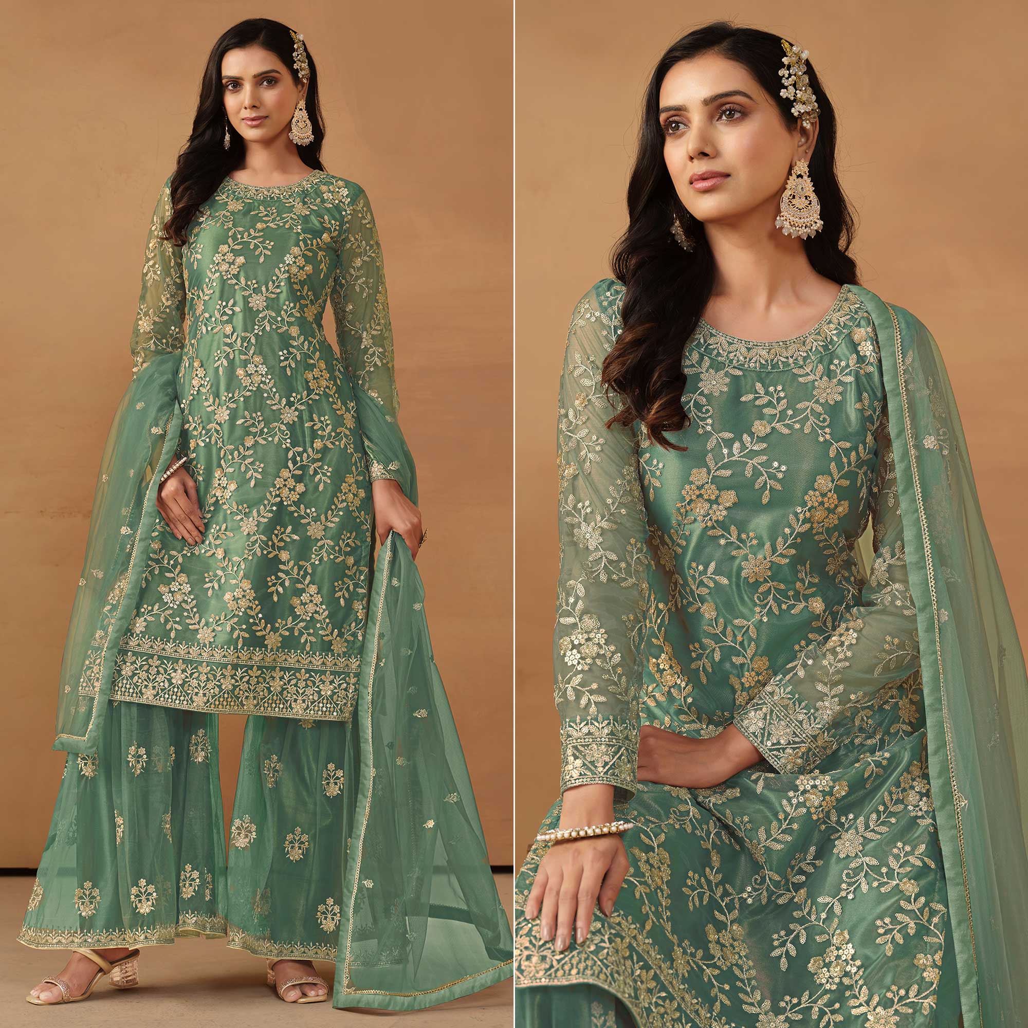 Sea Green Floral Embroidered Net Semi Stitched Sharara Suit