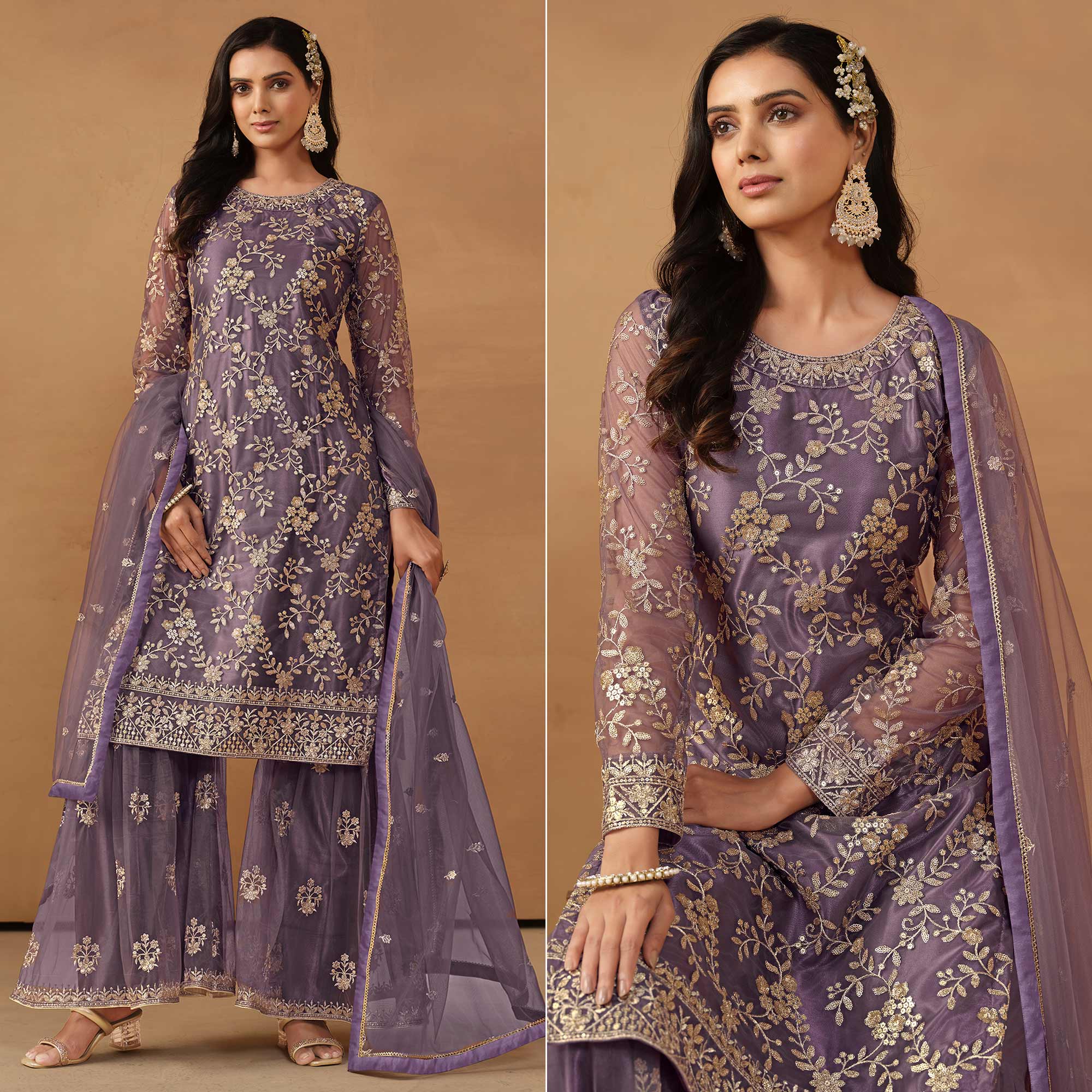 Purple Floral Embroidered Net Semi Stitched Sharara Suit