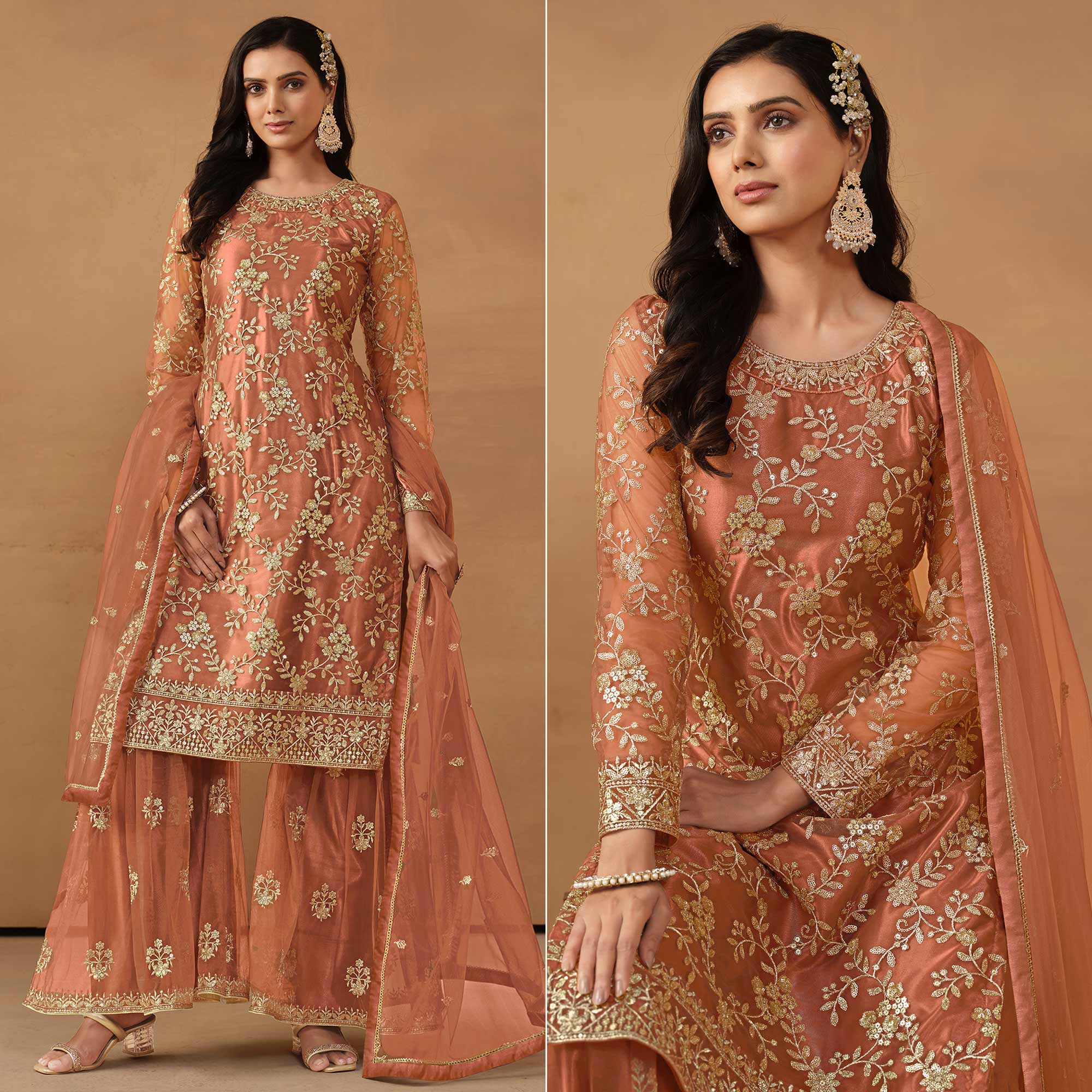 Dusty Orange Floral Embroidered Net Semi Stitched Sharara Suit