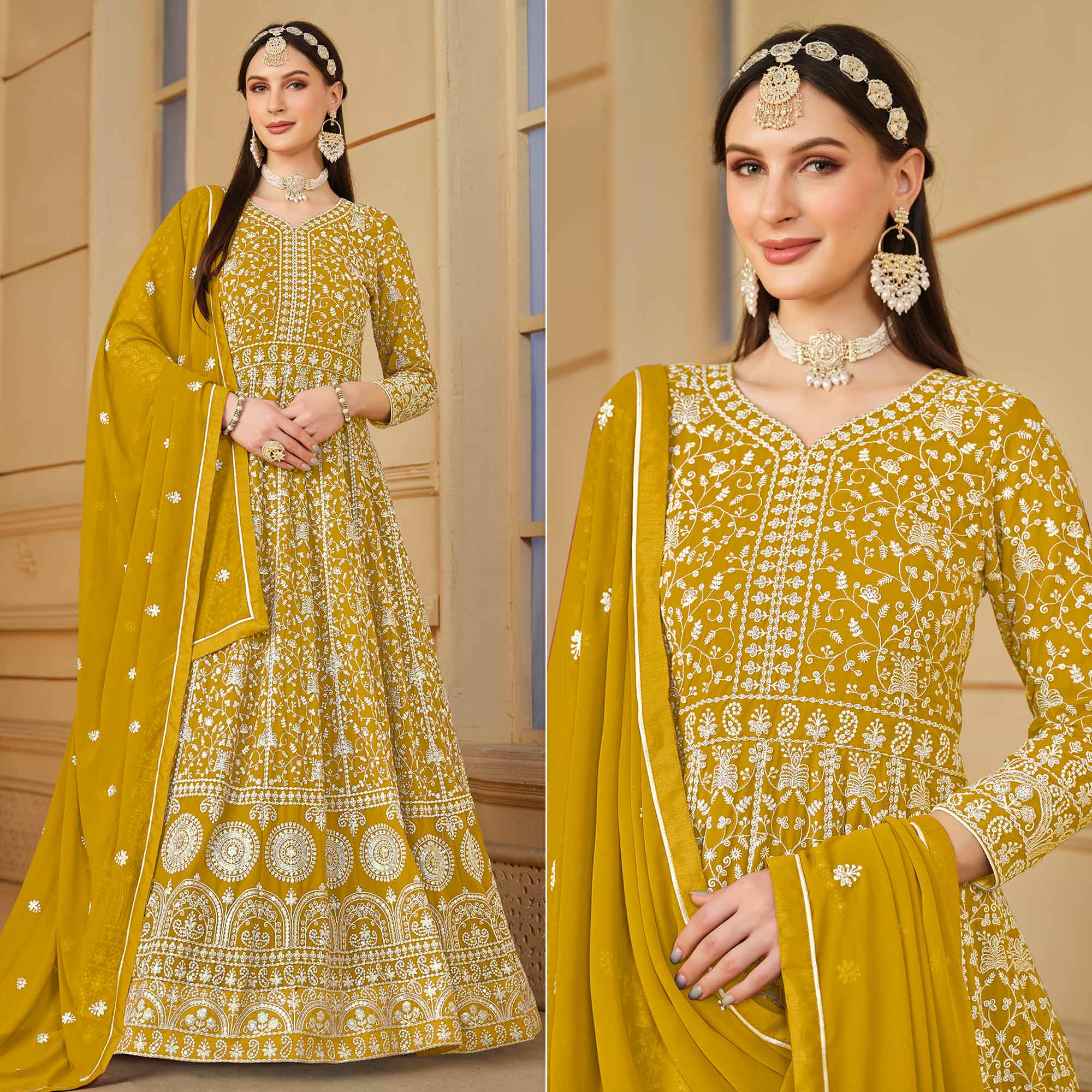 Yellow Floral Embroidered Georgette Semi Stitched Anarkali Suit