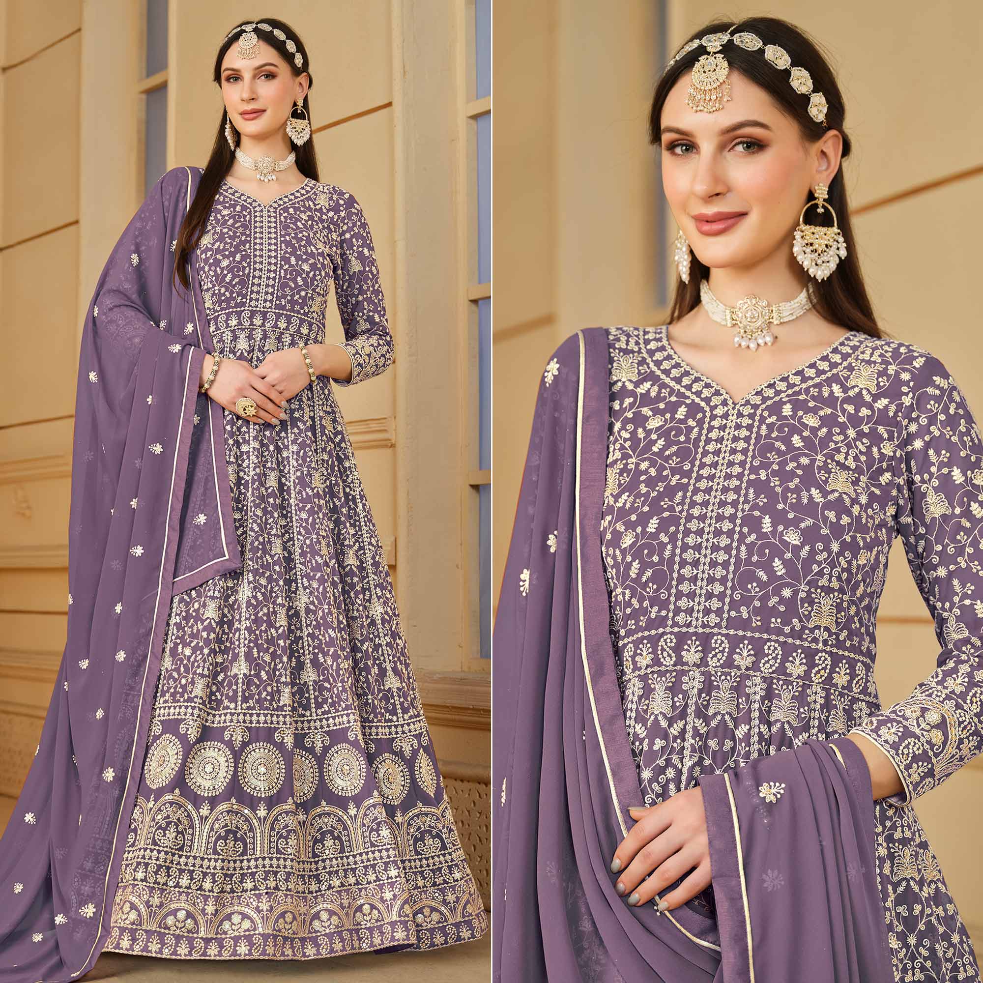 Purple Floral Embroidered Georgette Semi Stitched Anarkali Suit