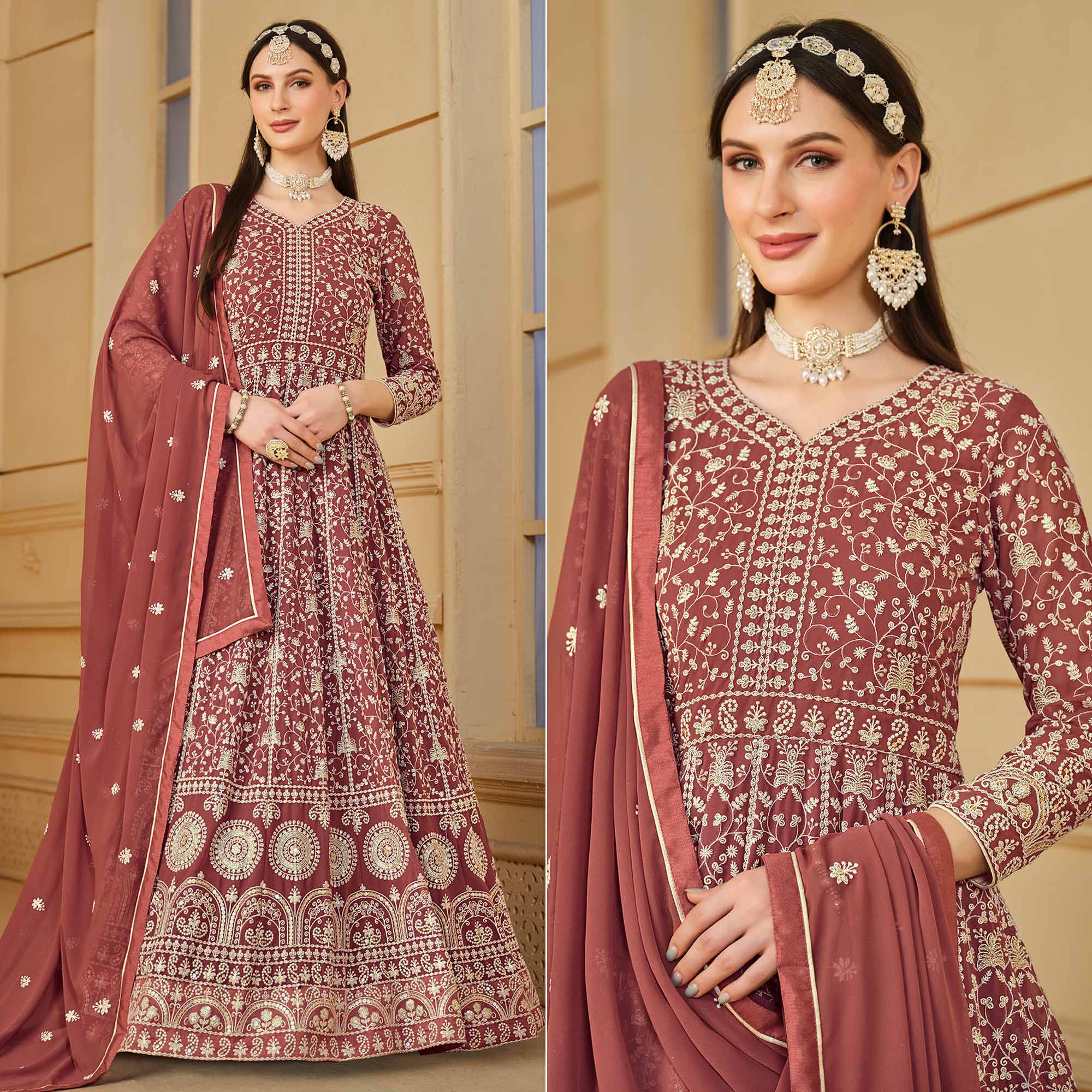 Rust Floral Embroidered Georgette Semi Stitched Anarkali Suit