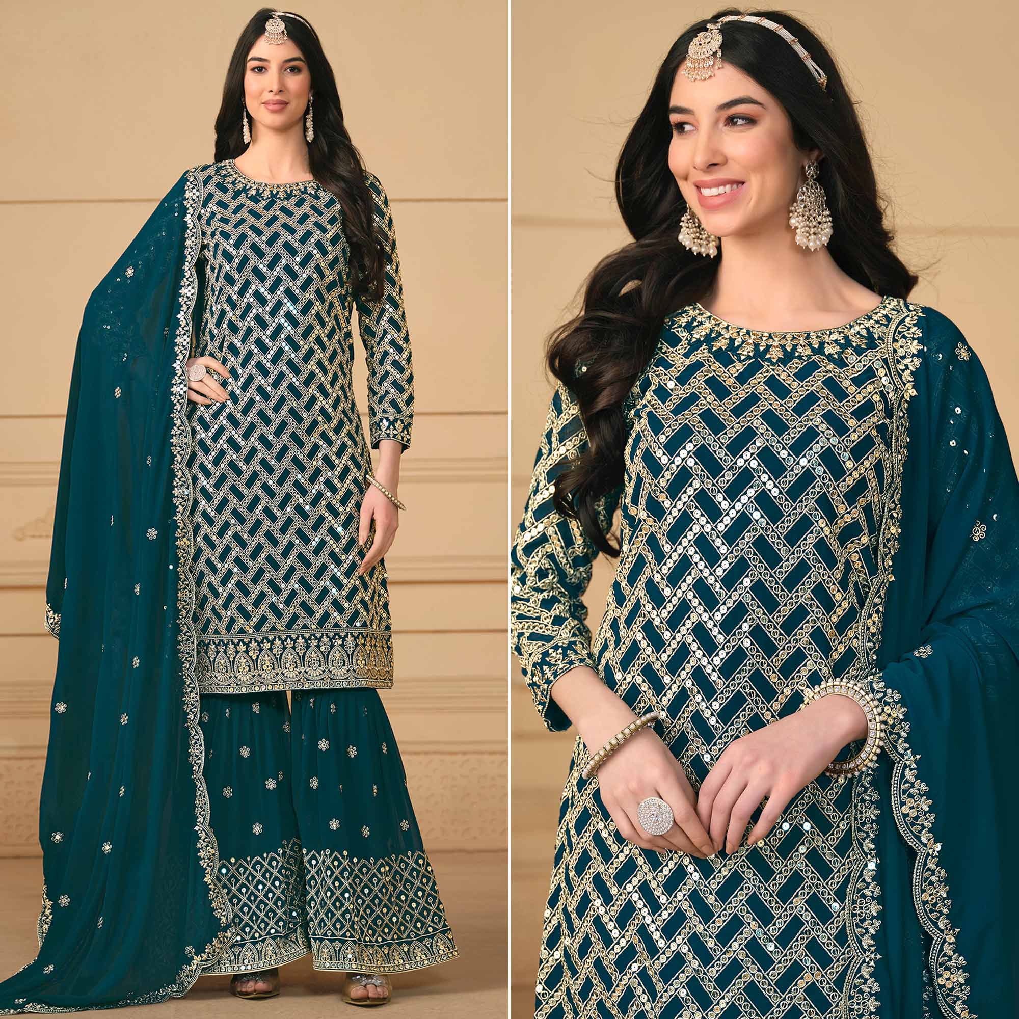 The Teal Opulence Set - Heavy Sequin Georgette Suit with Zari Dupatta main image 0