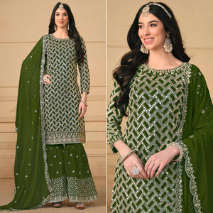 Green Sequins Embroidered Georgette Semi Stitched Sharara Suit