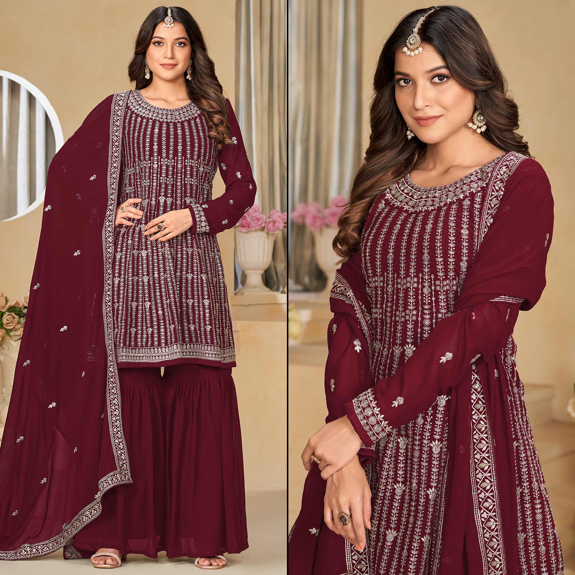 Maroon Floral Sequins Embroidered Georgette Semi Stitched Sharara Suit