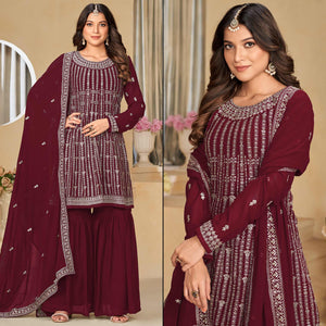 Maroon Floral Sequins Embroidered Georgette Semi Stitched Sharara Suit