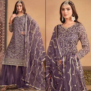Purple Floral Sequins Embroidered Georgette Semi Stitched Sharara Suit