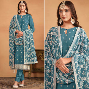 Blue Sequins Embroidered Georgette Semi Stitched Salwar Suit
