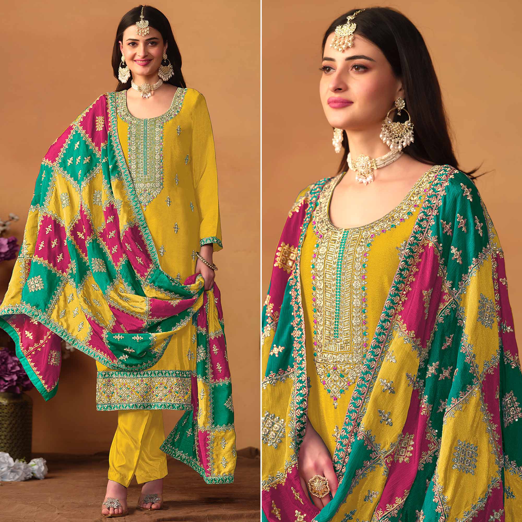 Yellow Floral Sequins Embroidered Chinon Silk Semi Stitched Salwar Suit