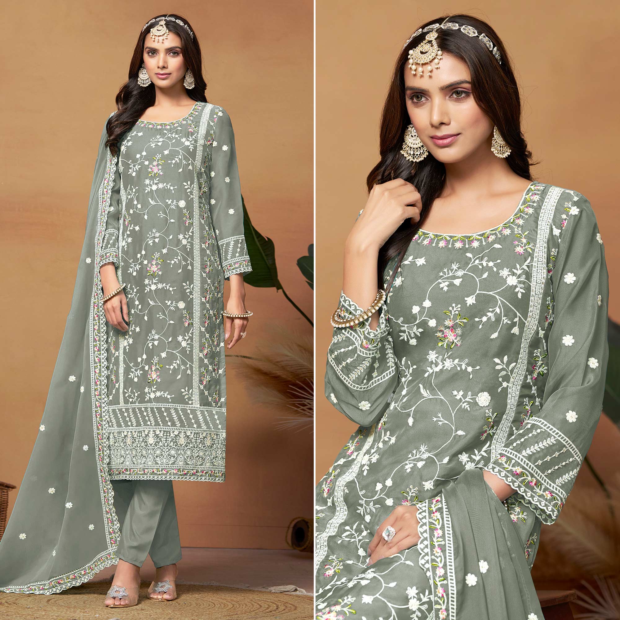 Grey FLORAL dress material